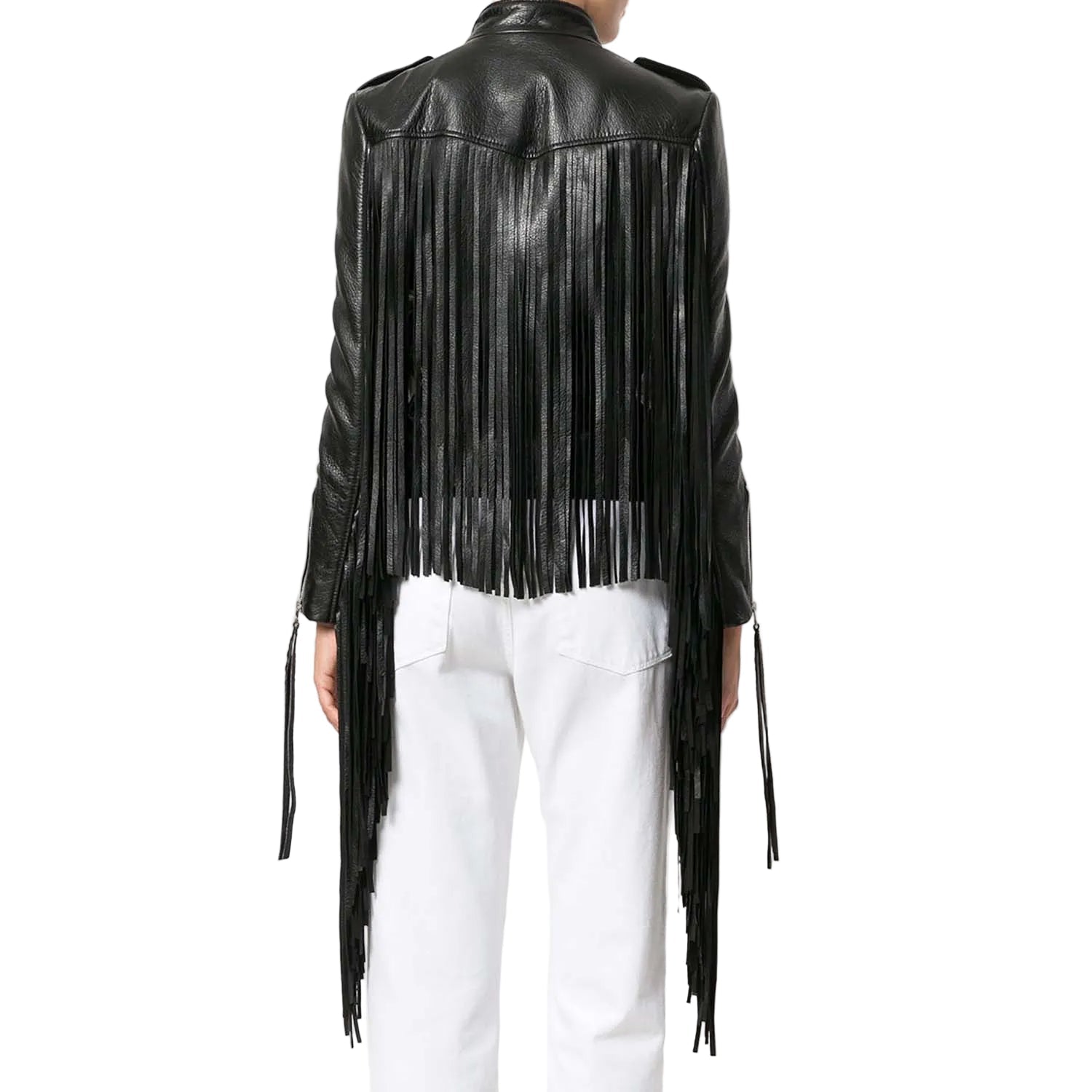 Black Leather Long Fringe Jacket For Women side view