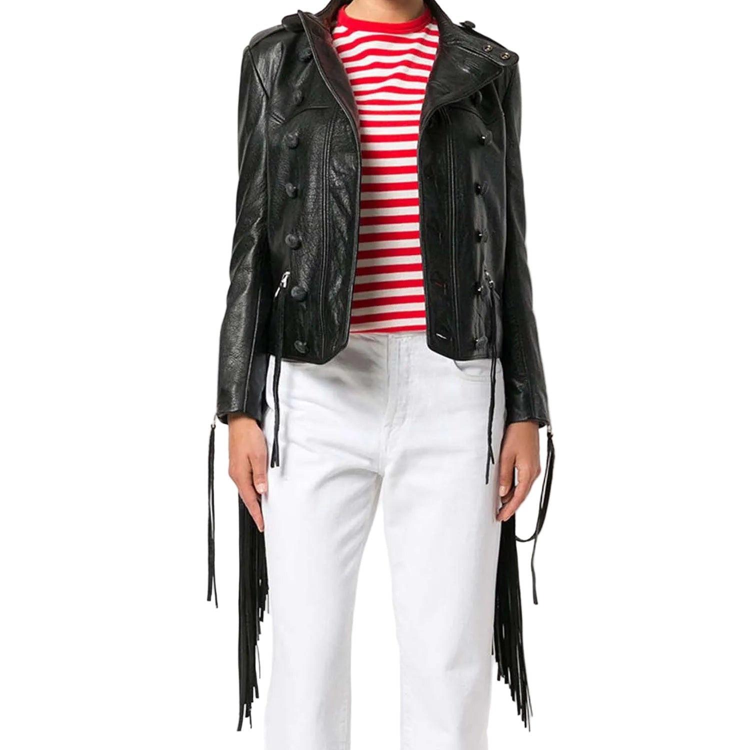 Black Leather Long Fringe Jacket For Women back view