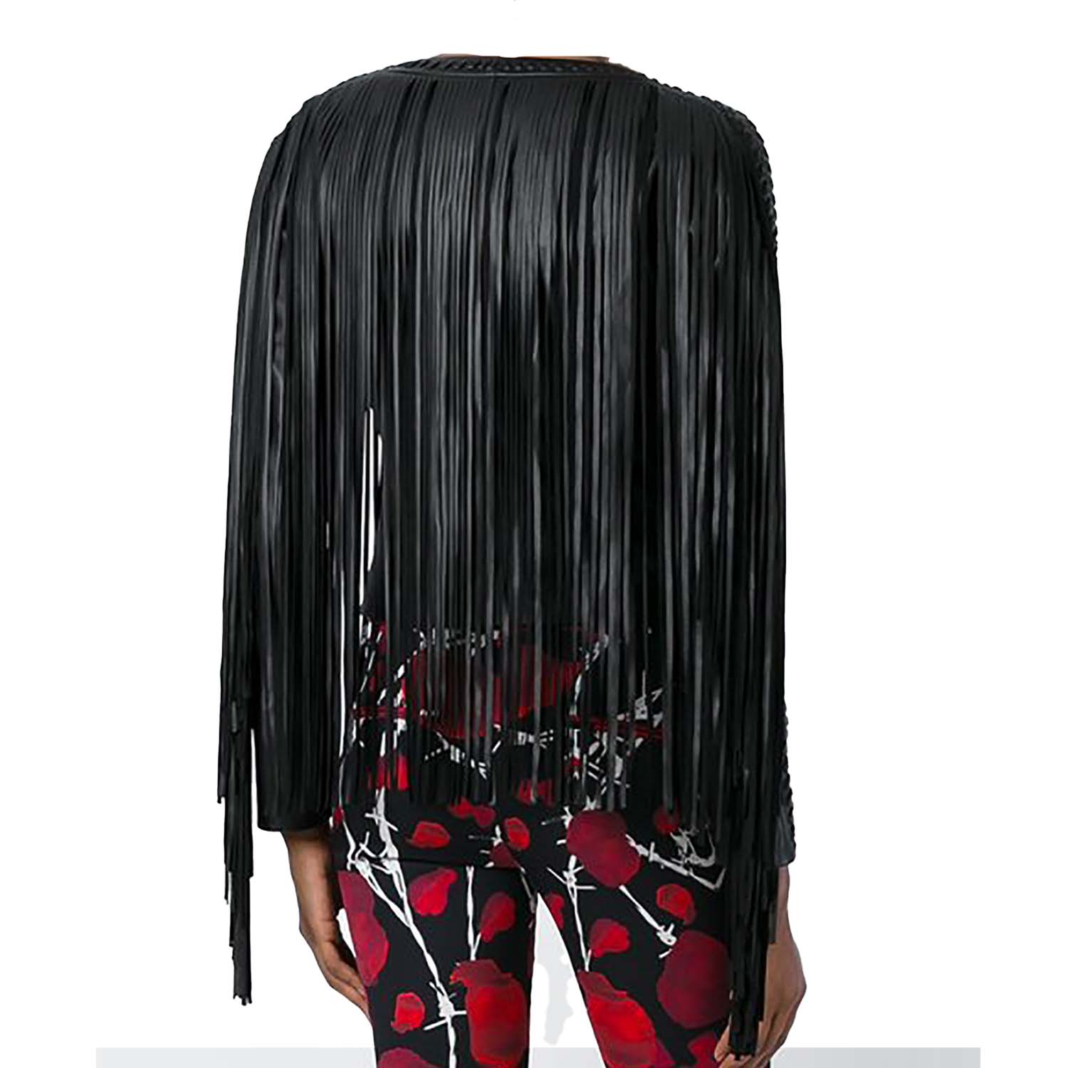 Black Leather Long Fringe Jacket For Women front view