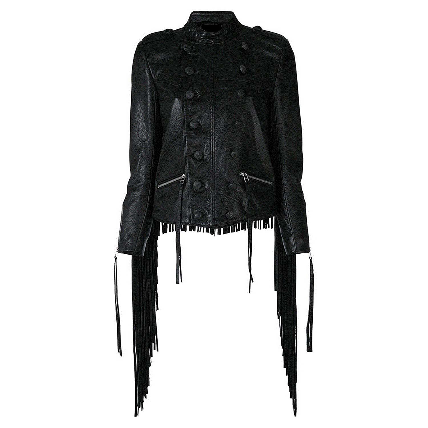 Black Leather Long Fringe Jacket For Women front view