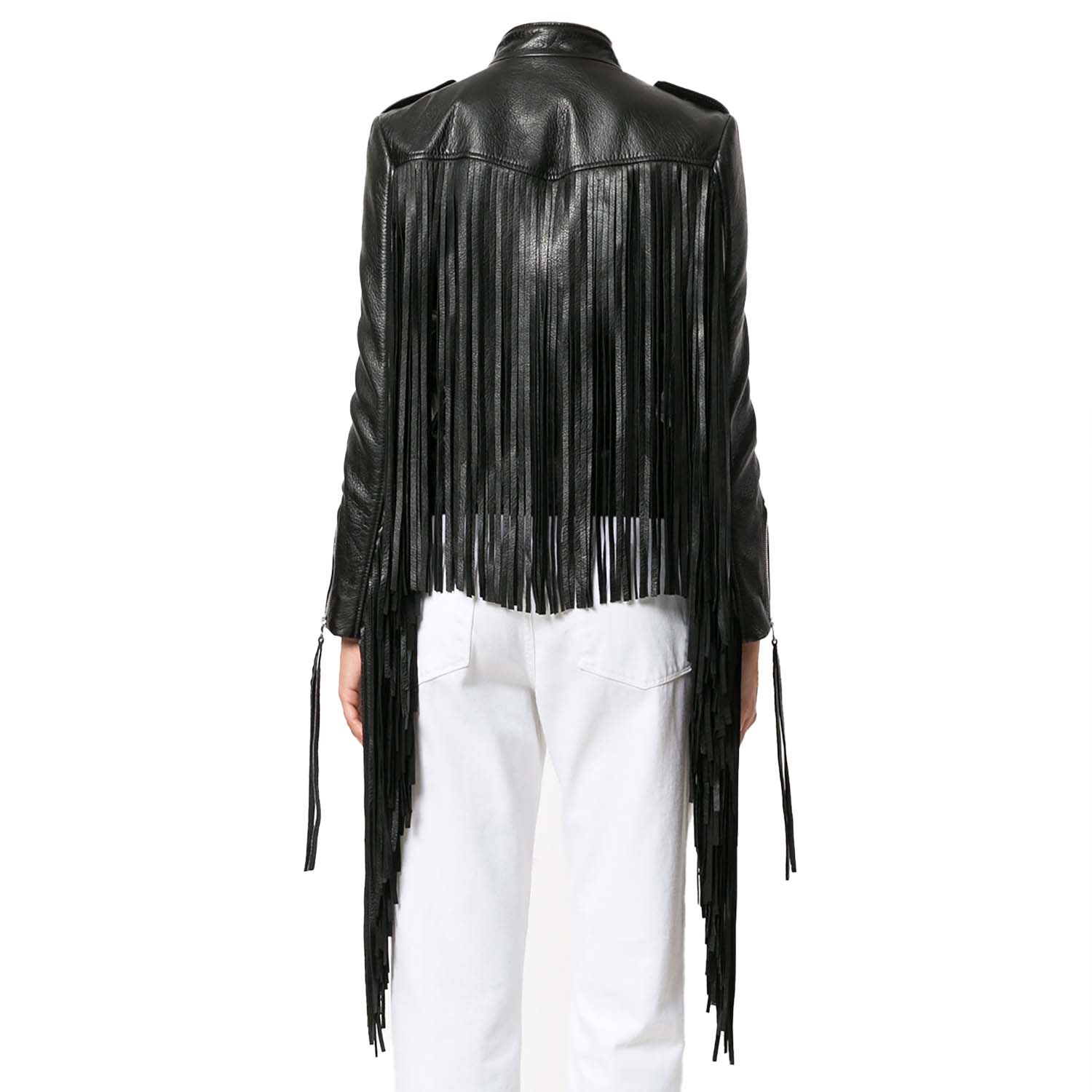 Black Leather Long Fringe Jacket For Women side view