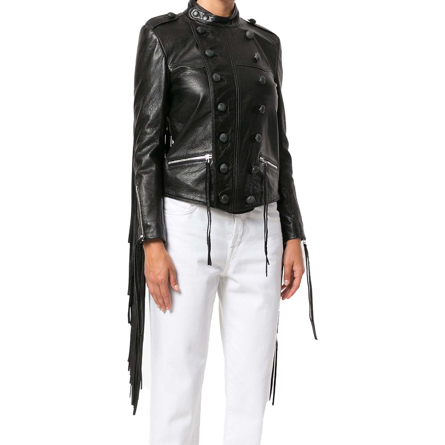 Black Leather Long Fringe Jacket For Women back view