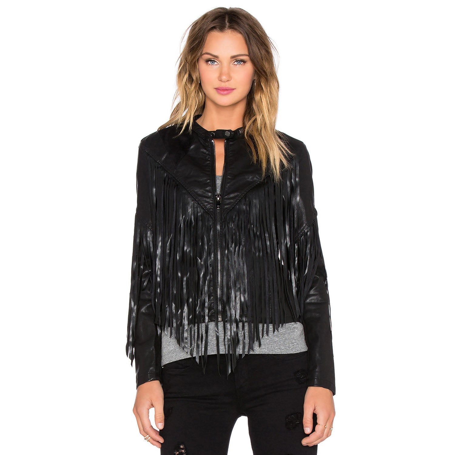 Black Leather Long Fringed Jacket For Women front view