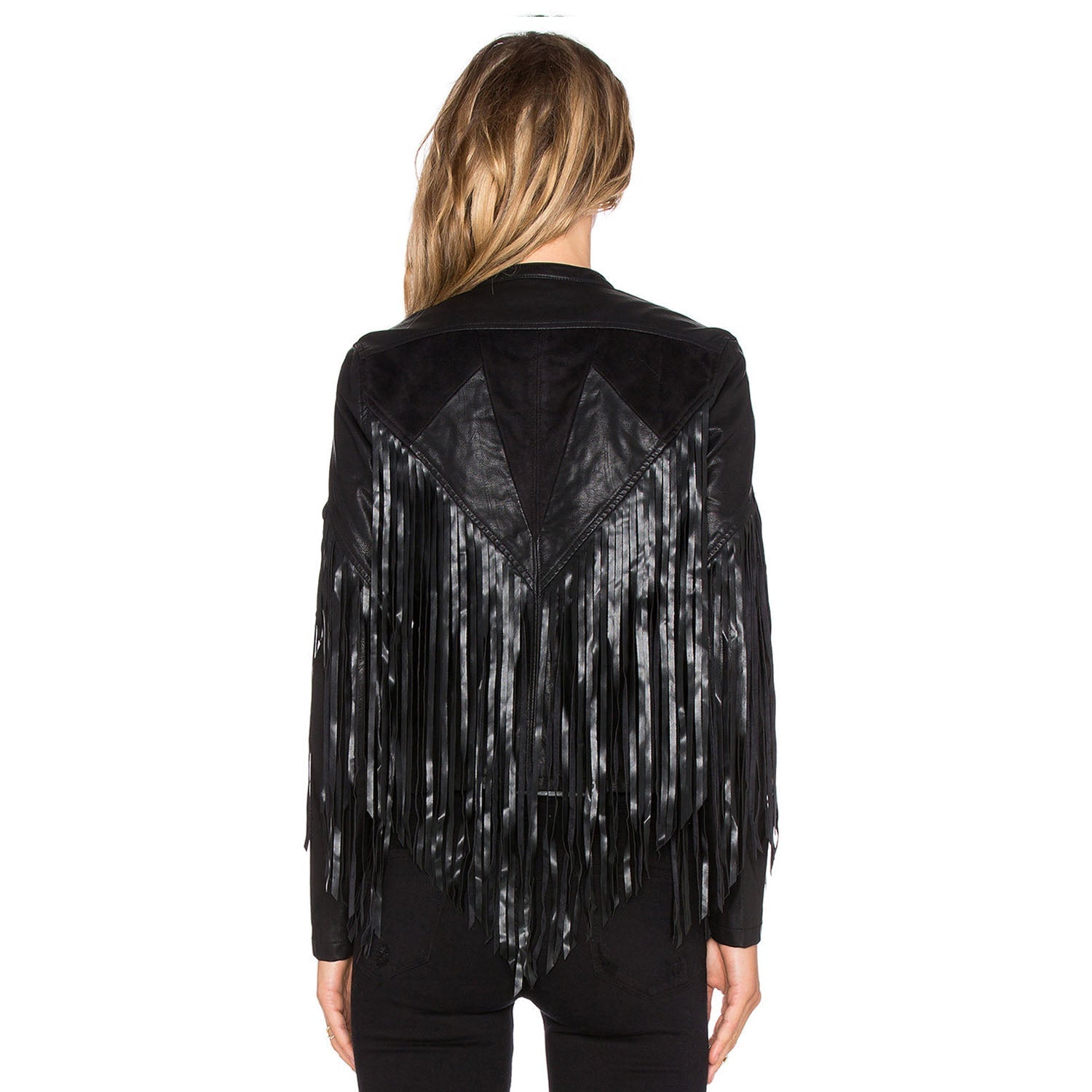 Black Leather Long Fringed Jacket For Women side view
