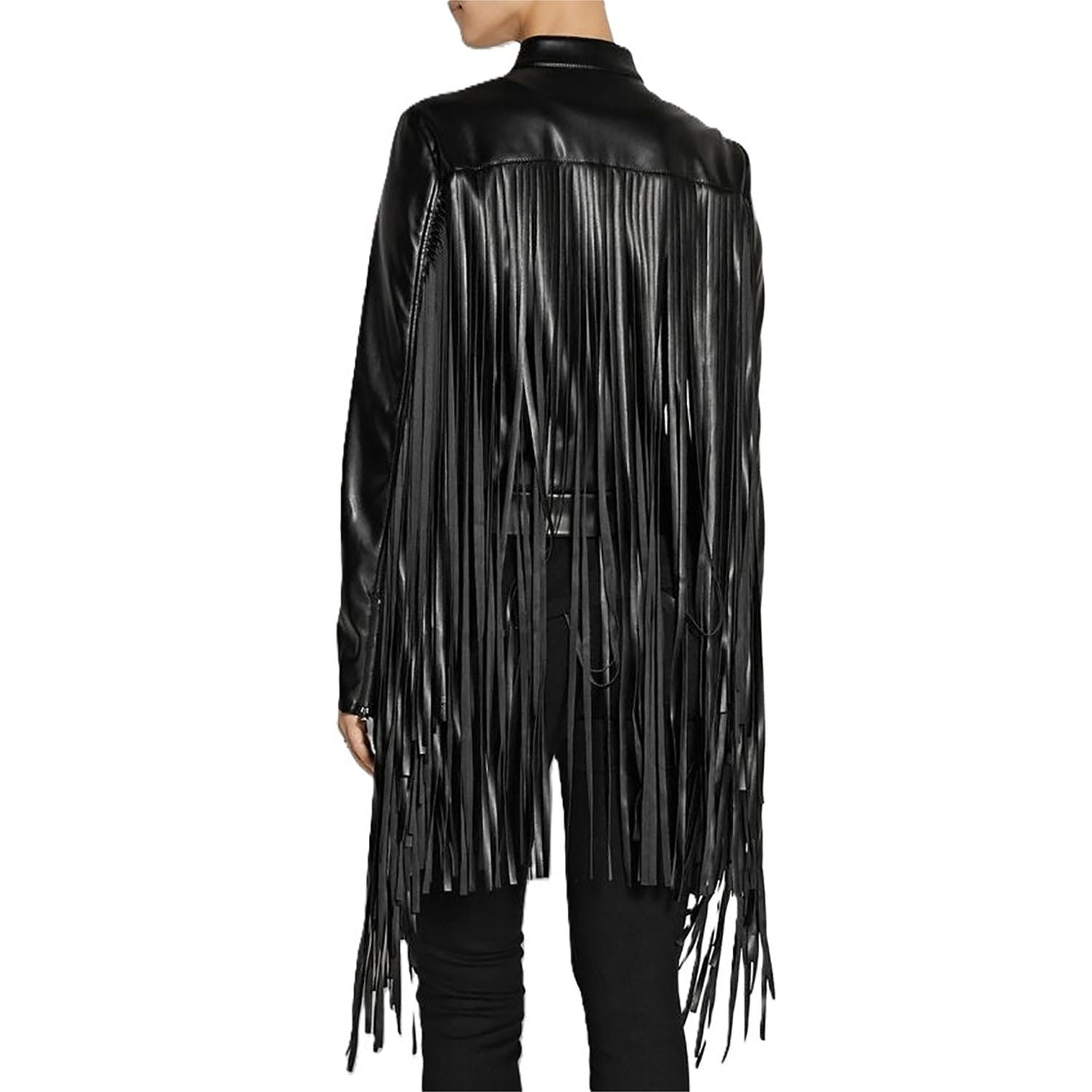 Black Leather Long Fringes Jacket For Women side view