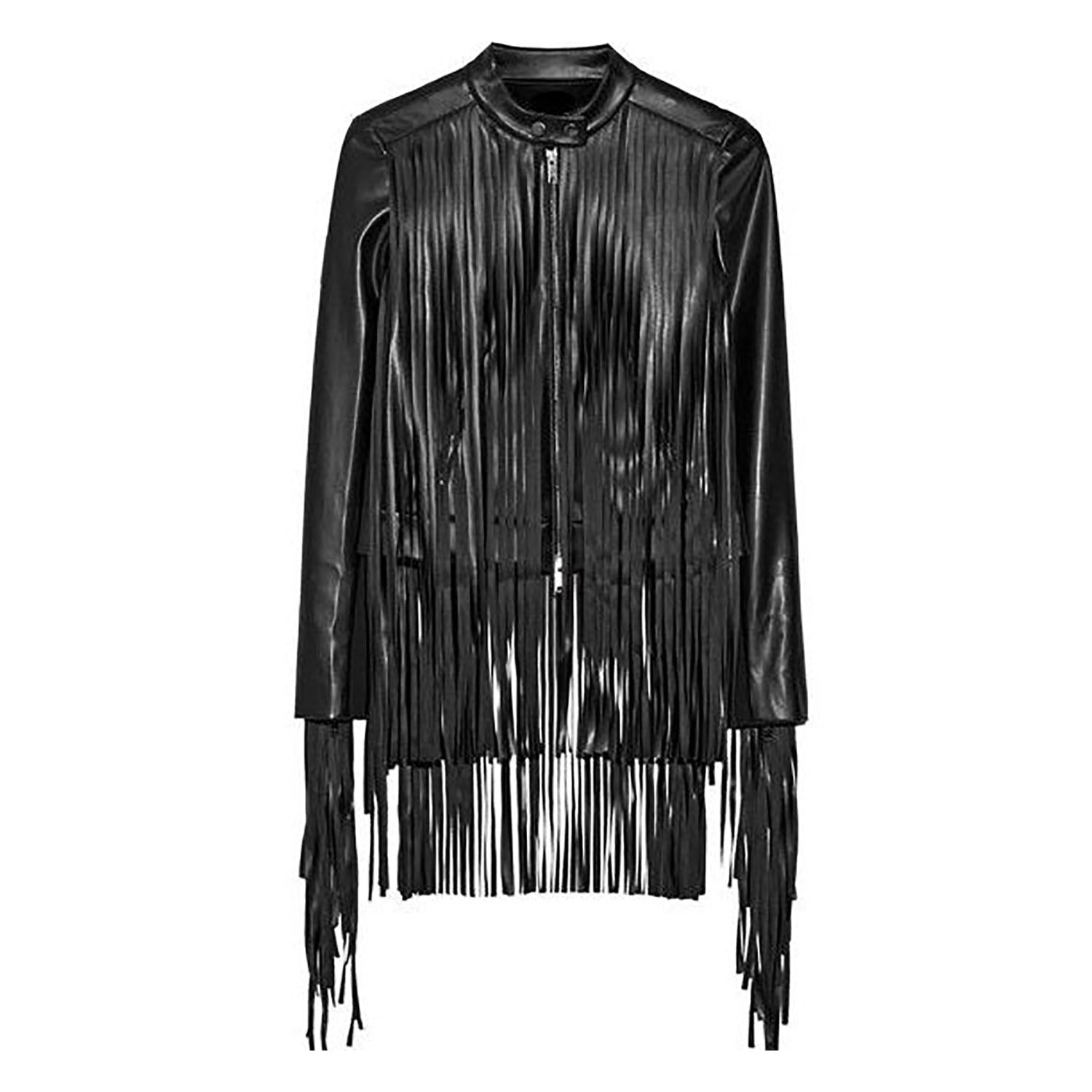 Black Leather Long Fringes Jacket For Women front view