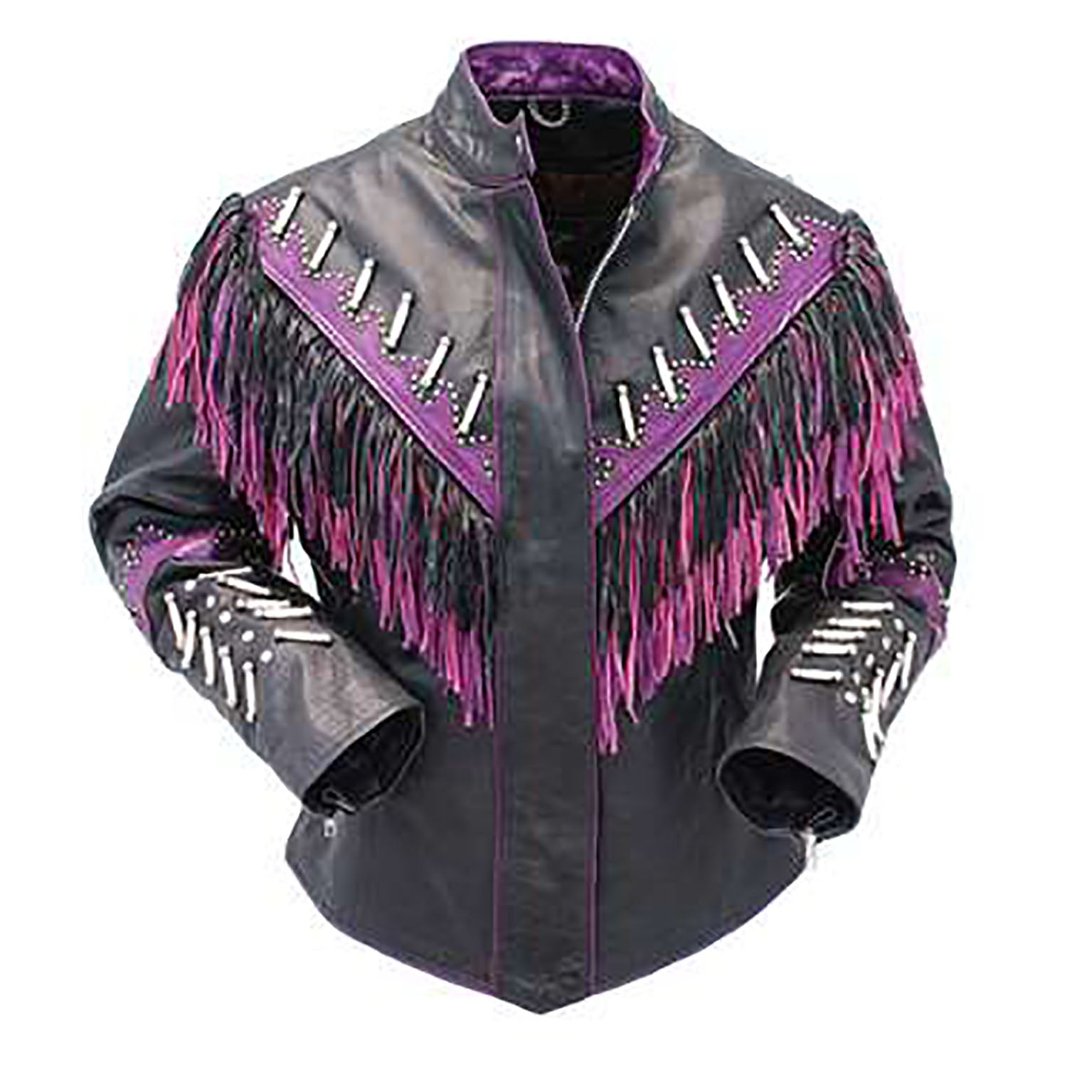 Black Leather Pink Fringe Bone Jacket For Women front view