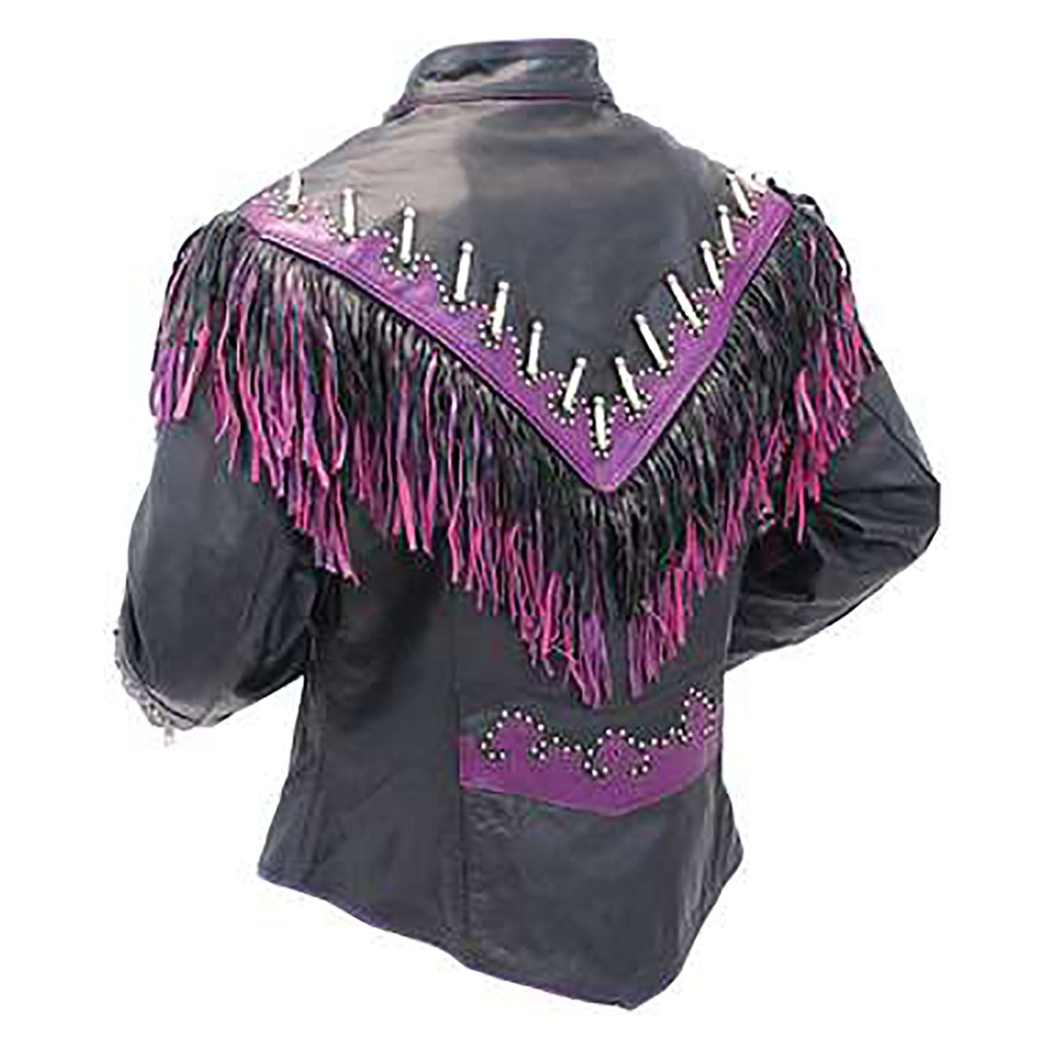 Black Leather Pink Fringe Bone Jacket For Women side view