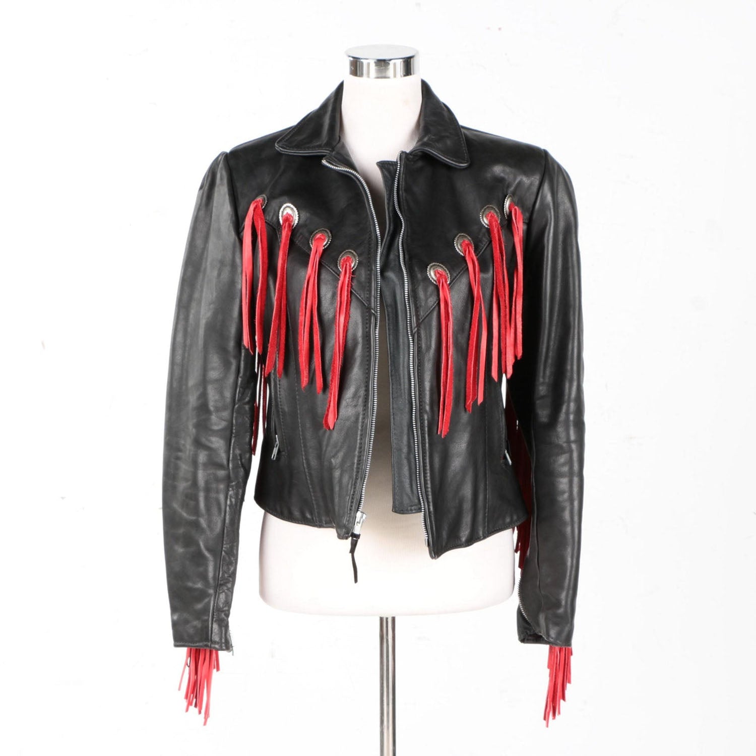 Black Leather Red Fringes Jacket For Women front view