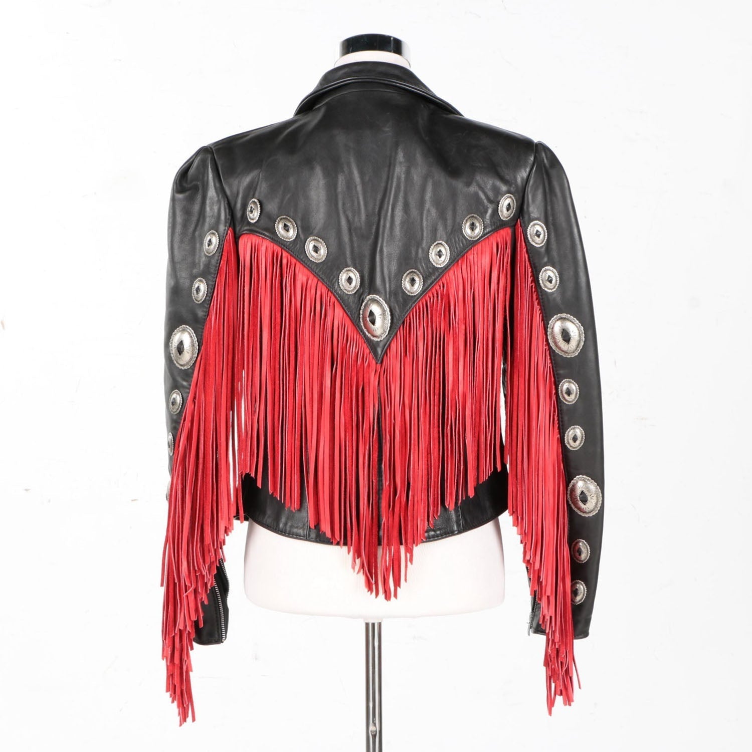 Black Leather Red Fringes Jacket For Women side view