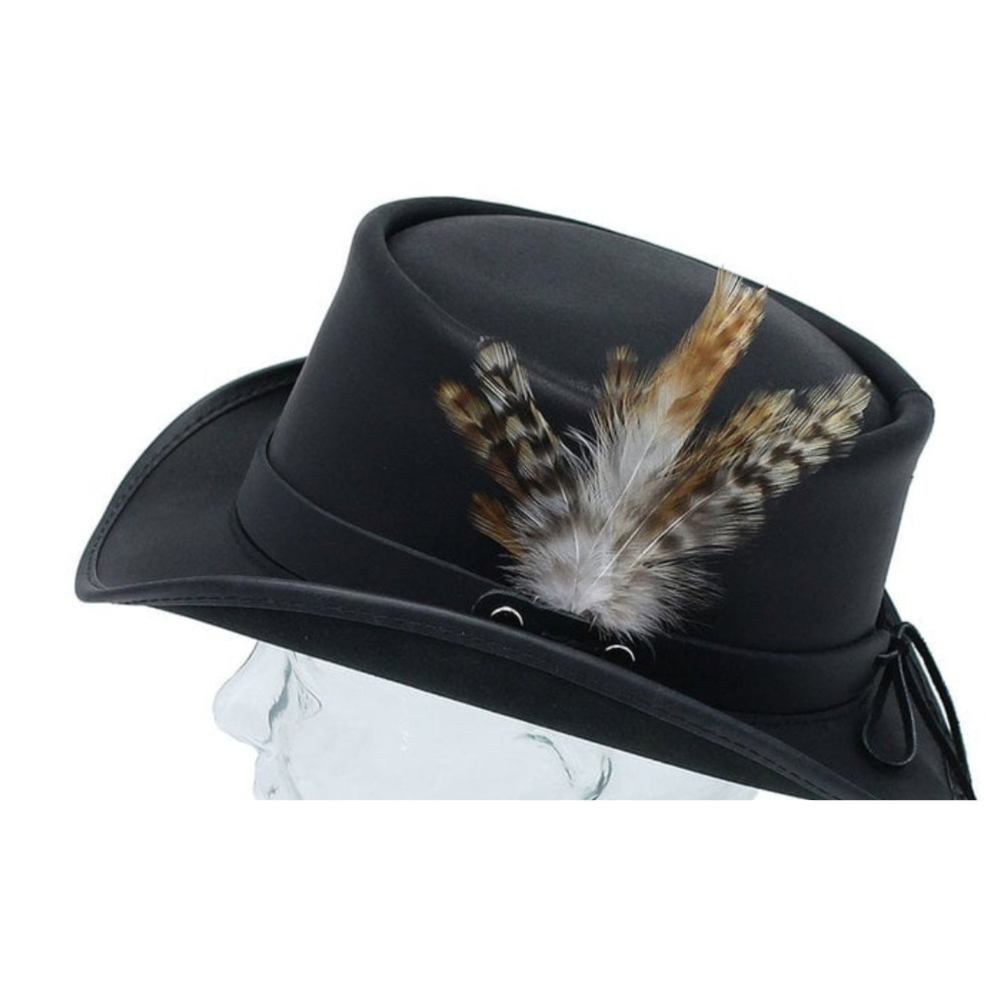 Black Leather Top Hat with Feather Band