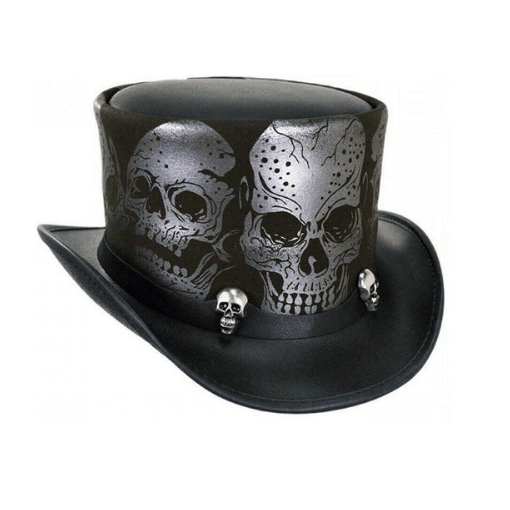 Black Leather Top Hat with Skull Detail


