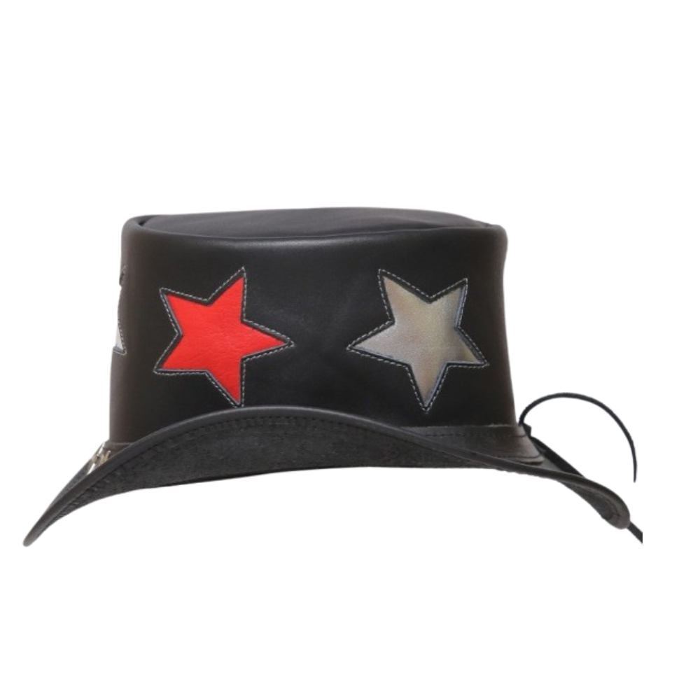 Black Leather Top Hat with Star-Shaped Band