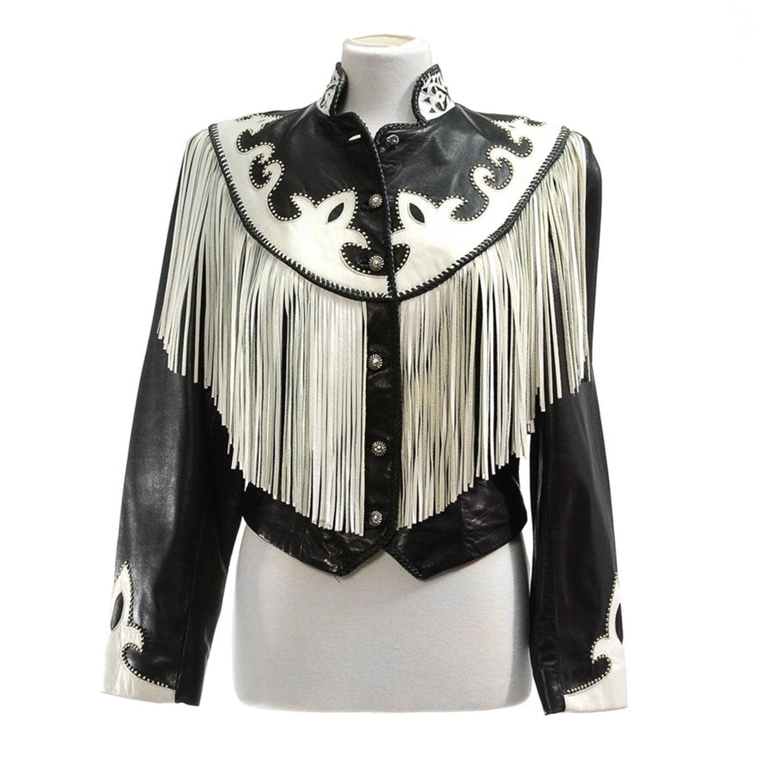 Black Leather White Fringe Biker Jacket For Women front view
