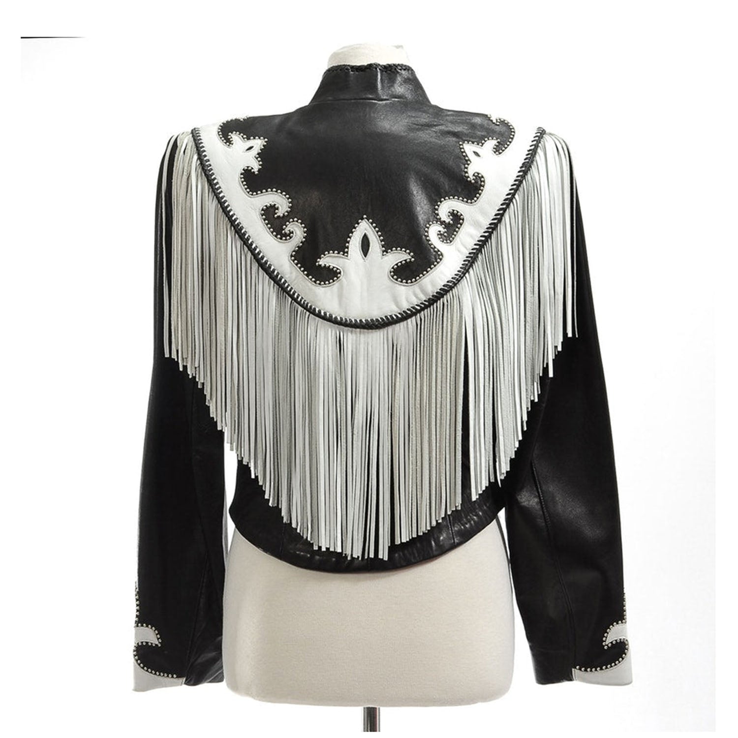 Black Leather White Fringe Biker Jacket For Women side view