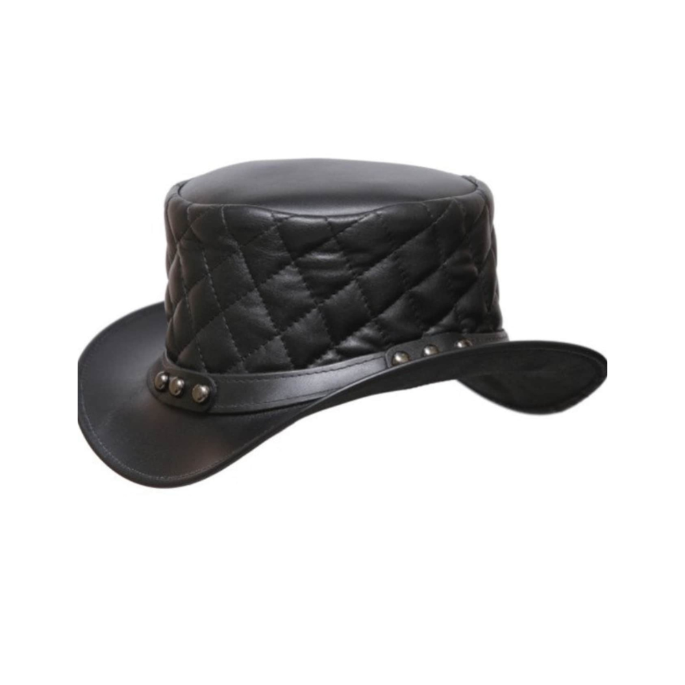 Black leather hat with quilted design on a white background