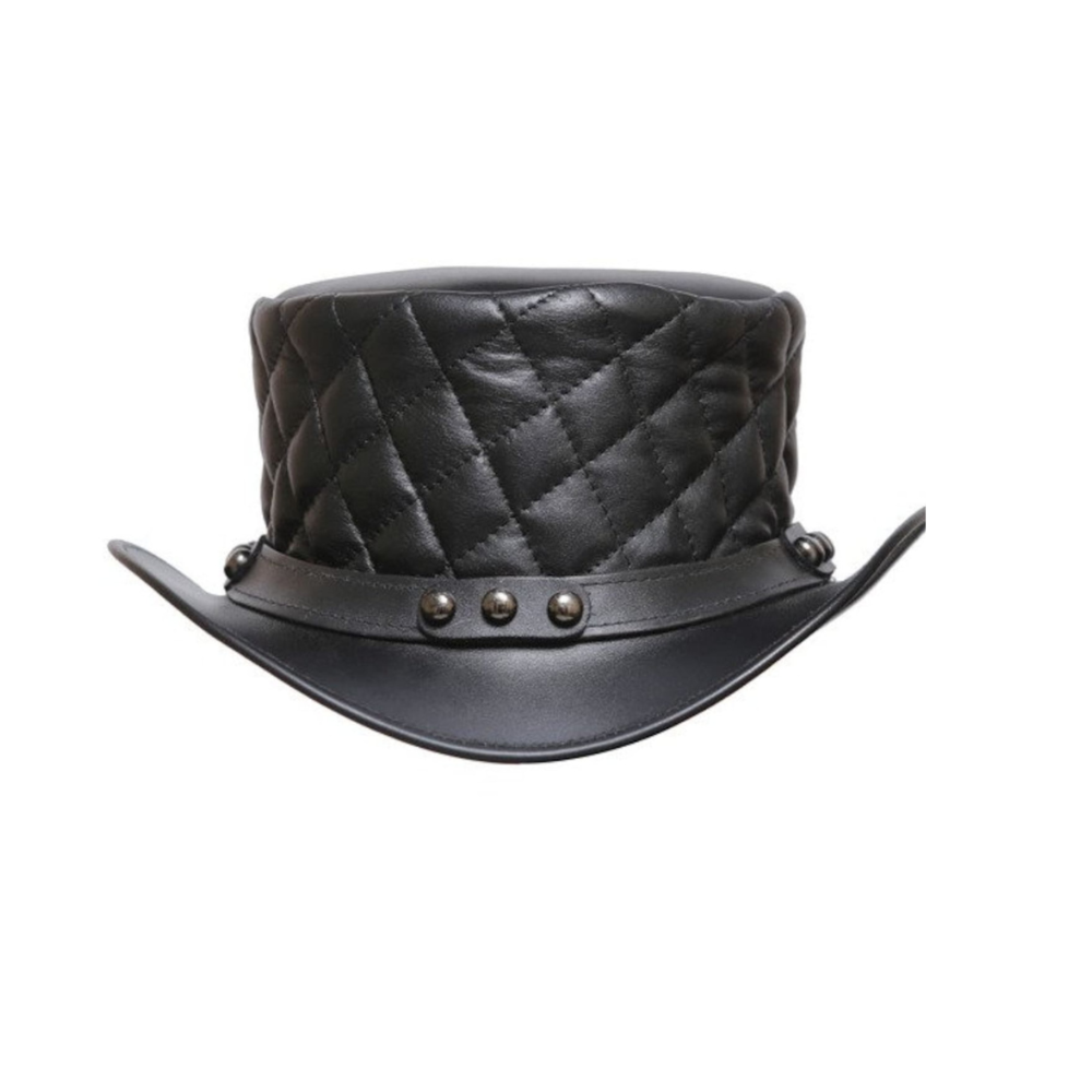 Black quilted leather hat with decorative band on a white background