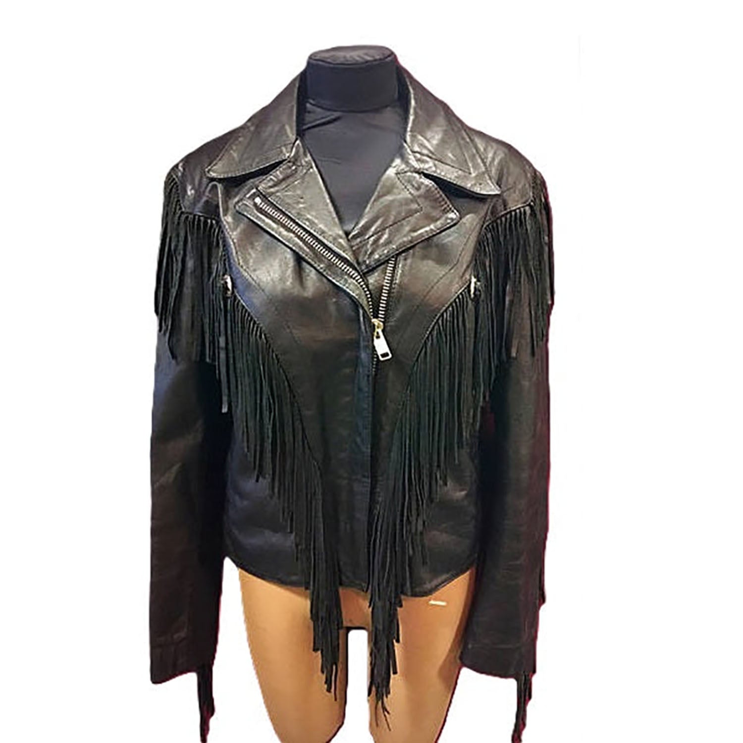 Black Real Leather Fringe Biker Jacket For Women front view