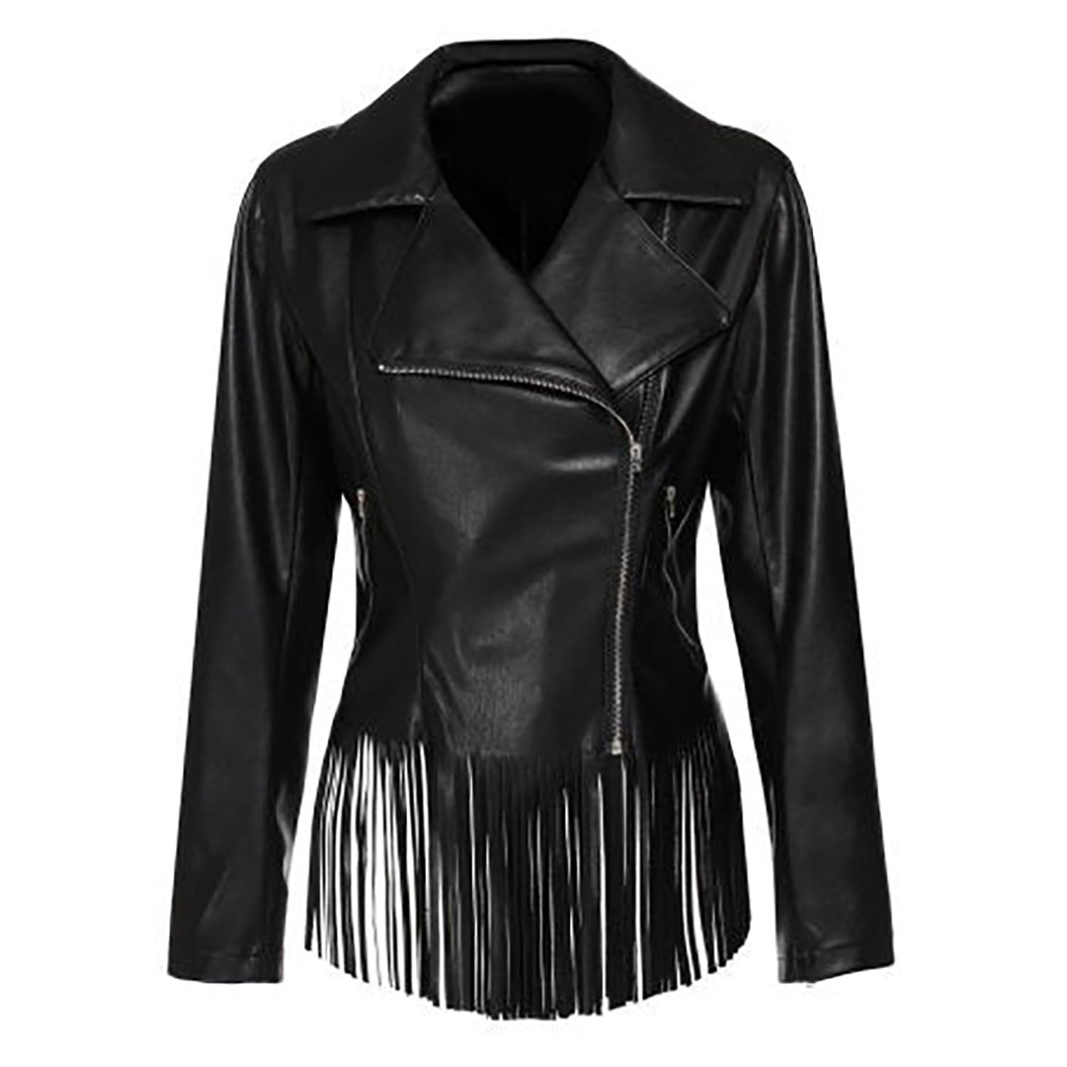 Black Real Leather Fringe Biker Jacket For Women front view