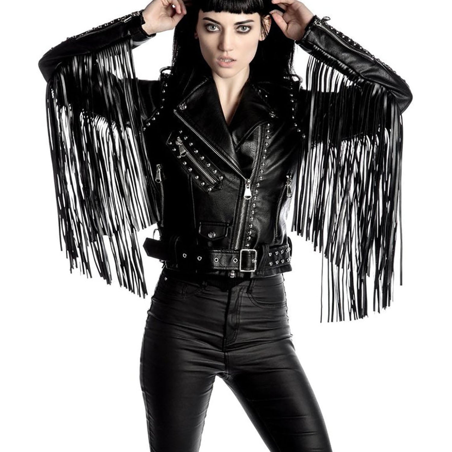 Black Real Leather Fringe Biker Jacket For Women front view