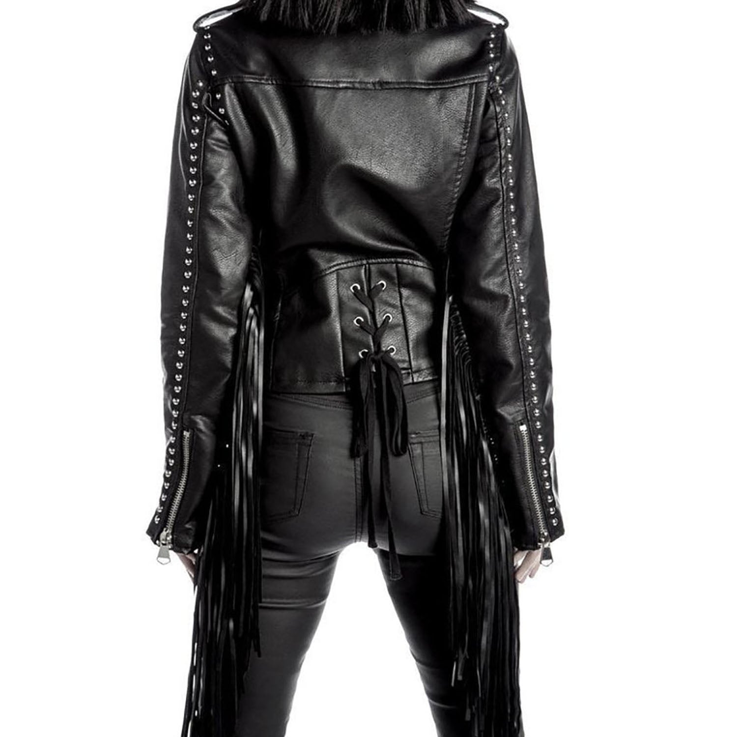 Black Real Leather Fringe Biker Jacket For Women side view