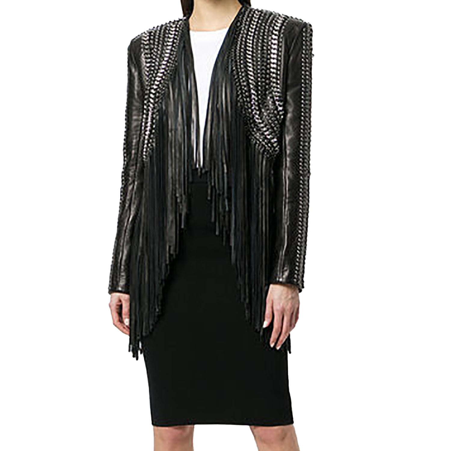 Black Real Leather Long Fringe Silver Studded Jacket For Women front view