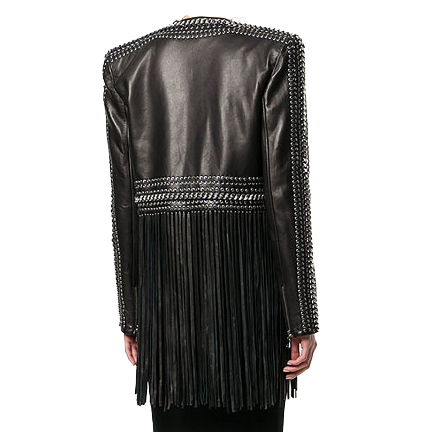 Black Real Leather Long Fringe Silver Studded Jacket For Women side view