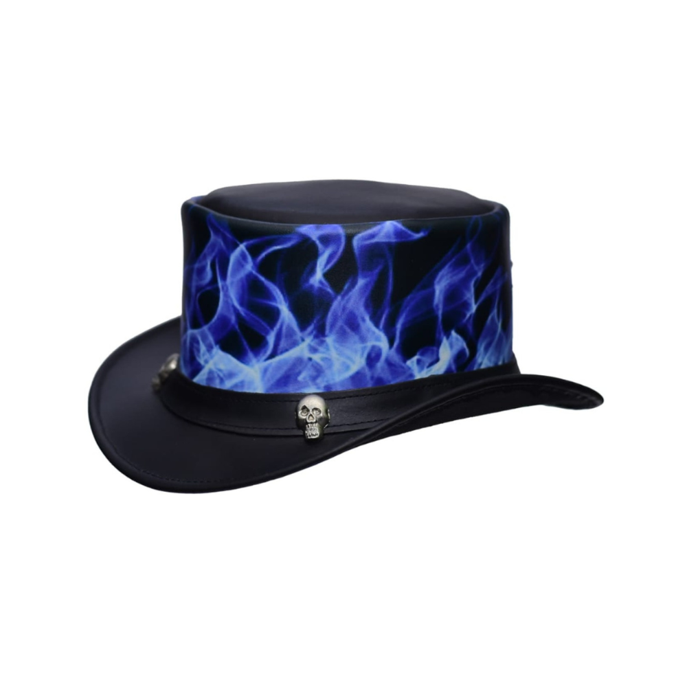 Black hat with blue flame design and skull emblem on a white background