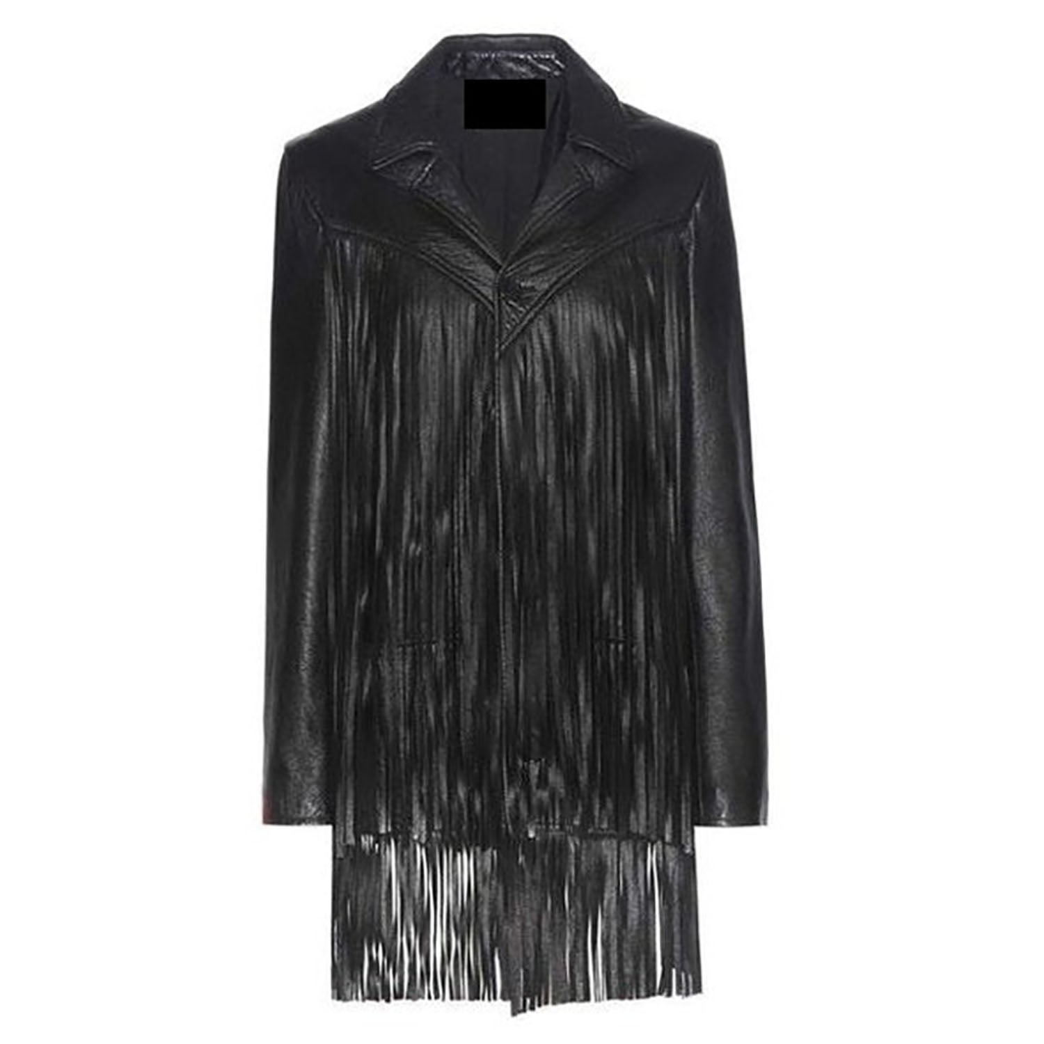 Black Soft Leather Long Fringe Jacket Coat For Women front view