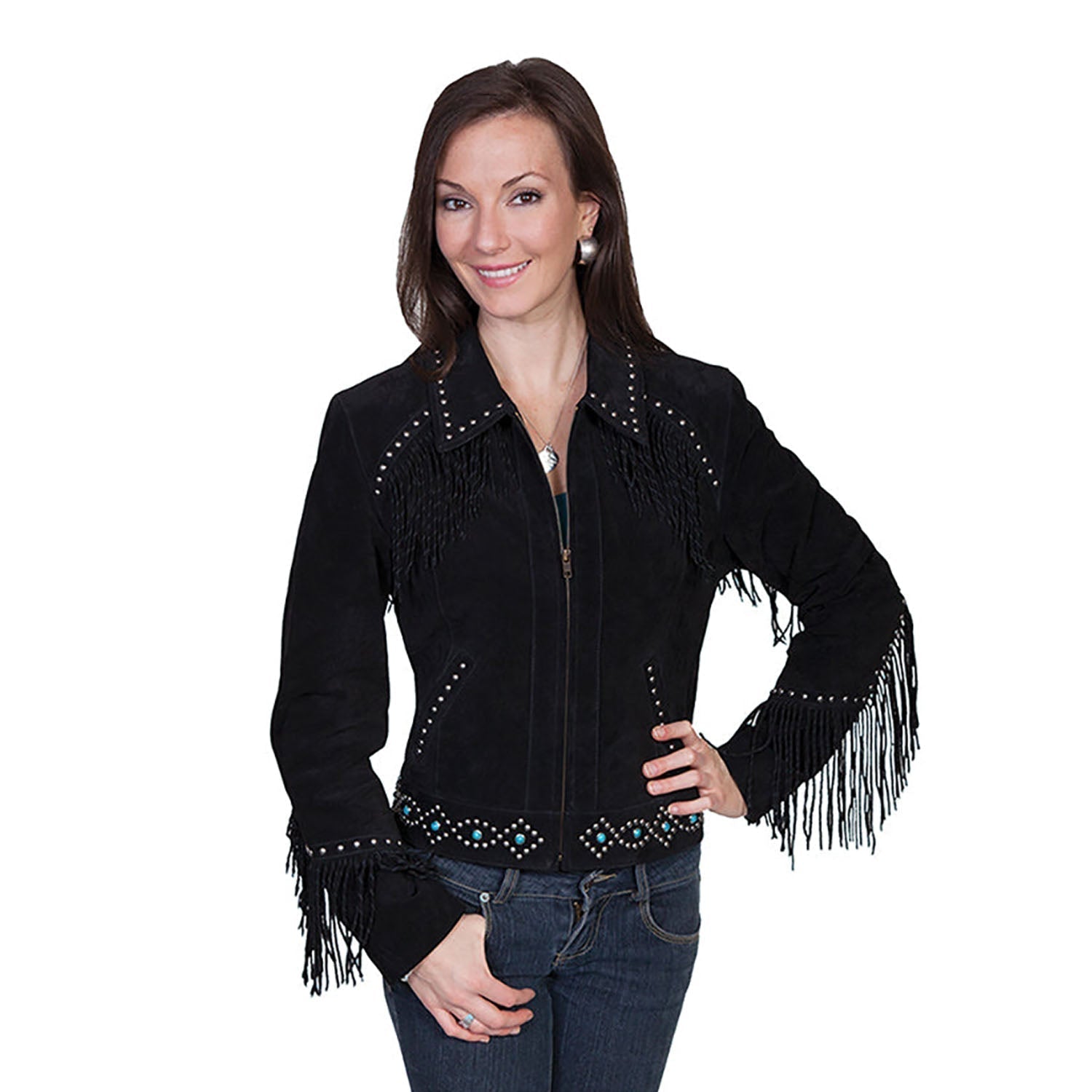 Black Suede Leather Fringe Bead Studded Jacket For Women front view