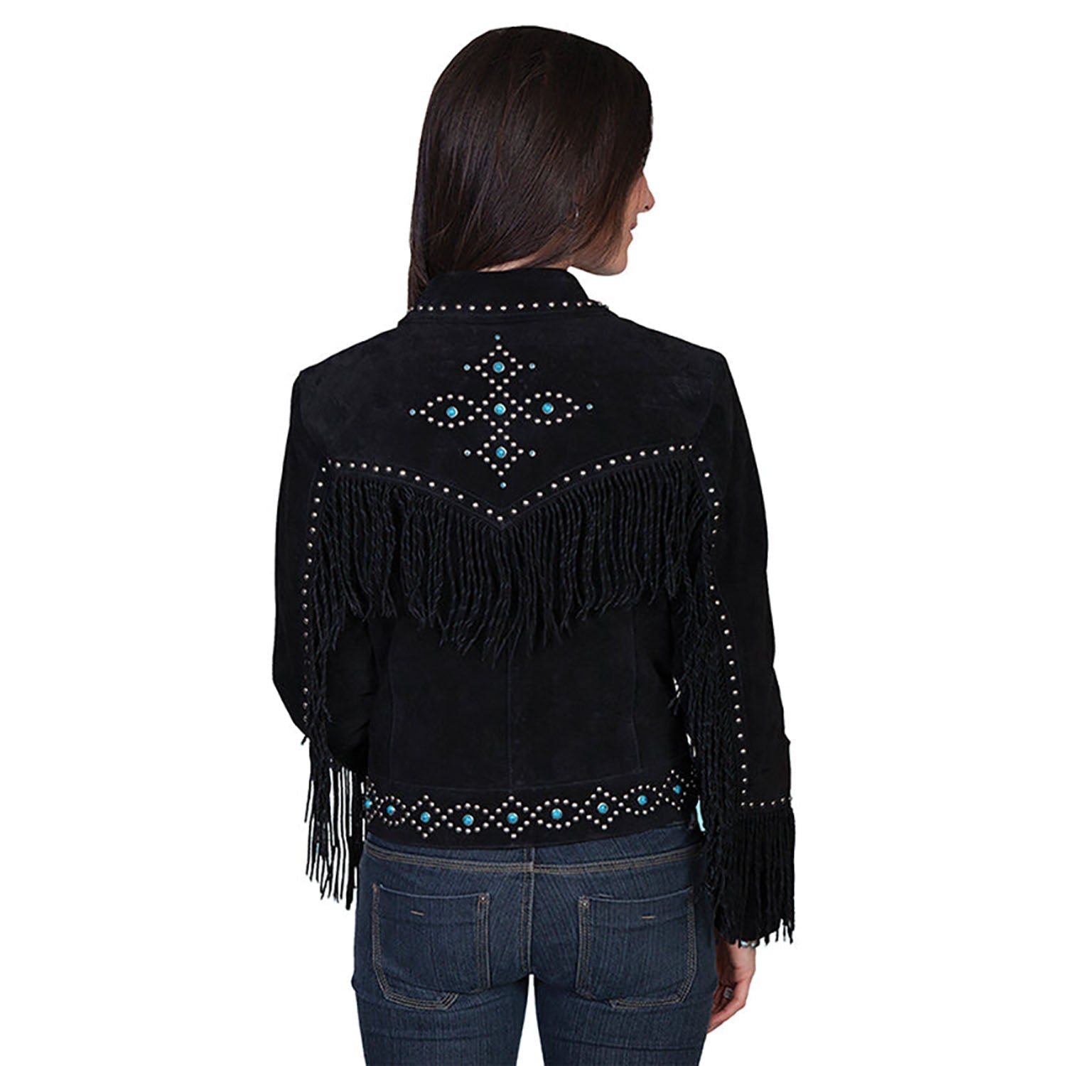 Black Suede Leather Fringe Bead Studded Jacket For Women side view