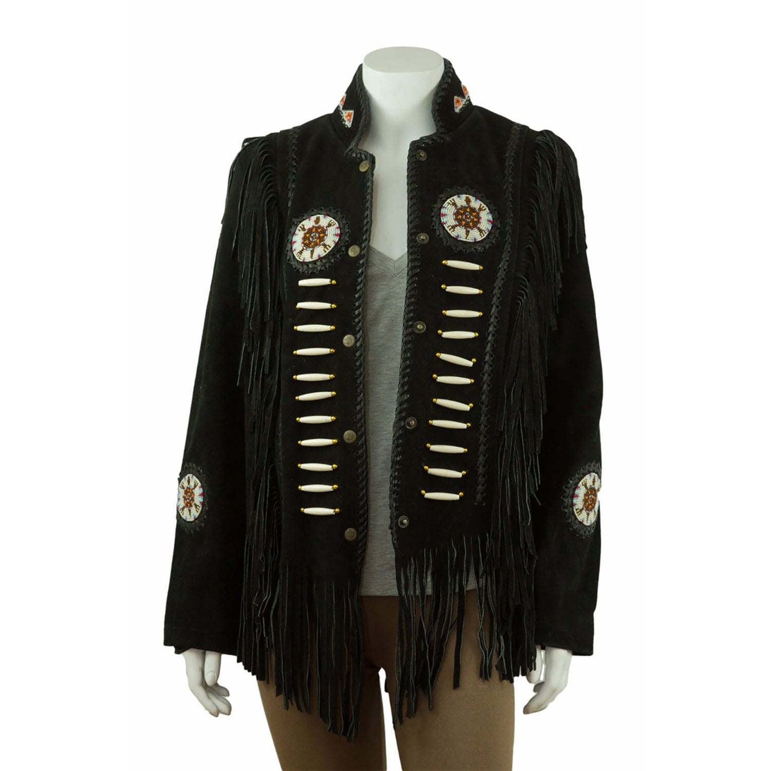 Black Suede Leather Fringe Beaded Jacket For Women front view