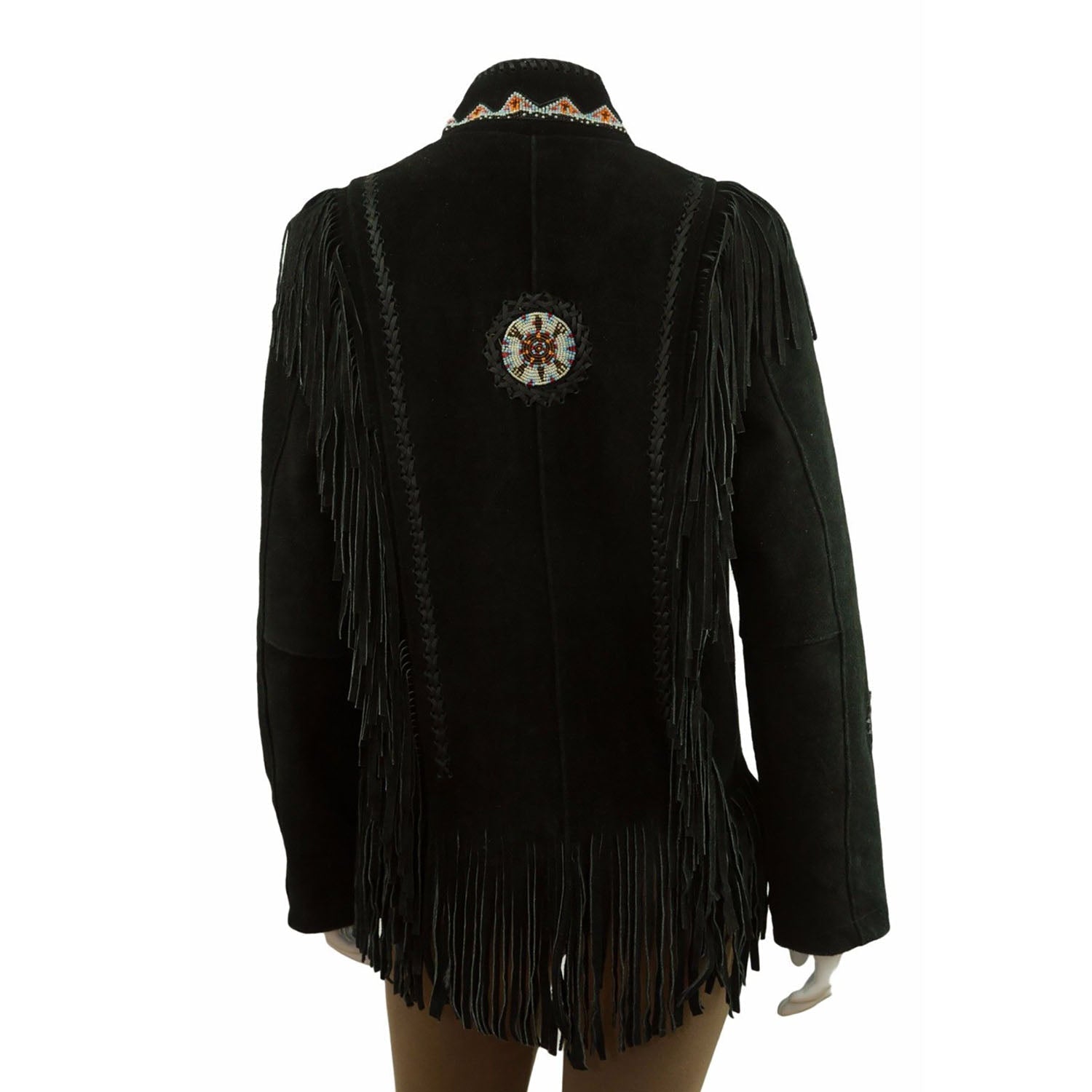 Black Suede Leather Fringe Beaded Jacket For Women side view