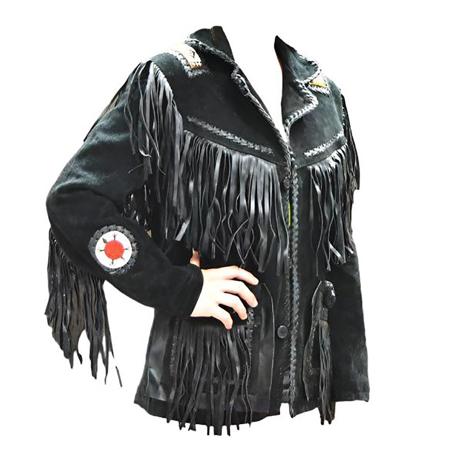 Black Suede Leather Fringe Beaded Jacket For Women front view