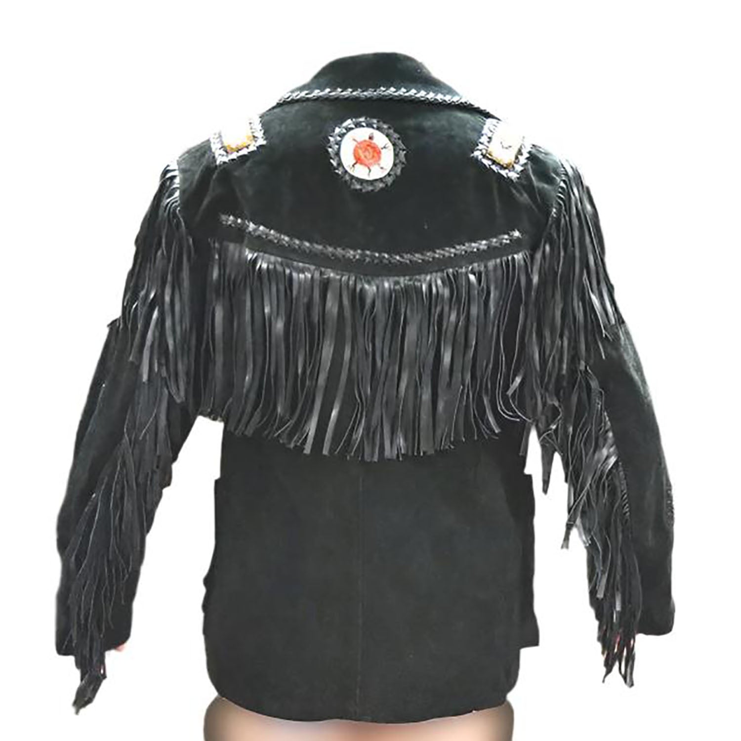Black Suede Leather Fringe Beaded Jacket For Women side view