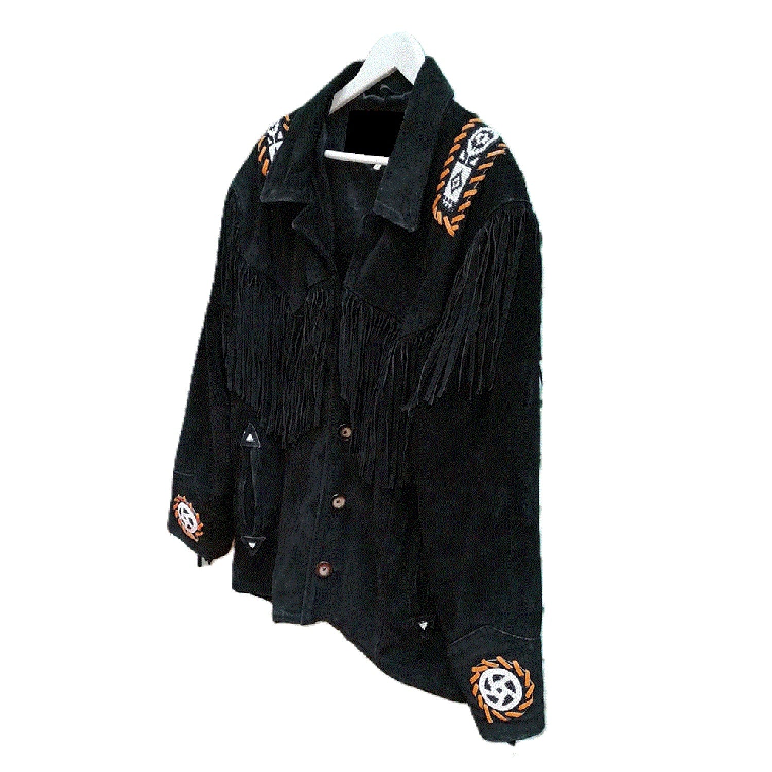 Black Suede Leather Fringe Beaded Jacket For Women front view
