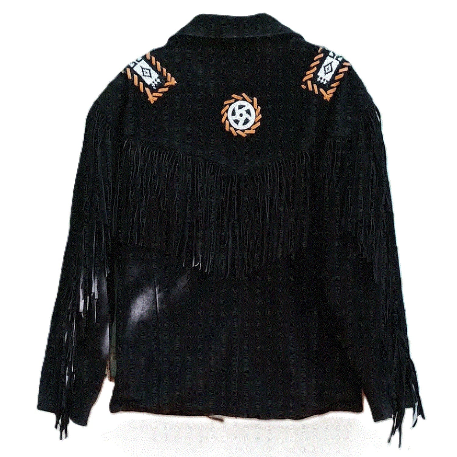 Black Suede Leather Fringe Beaded Jacket For Women side view