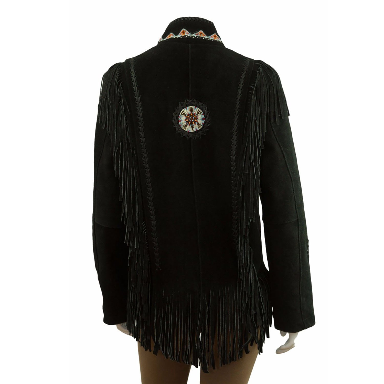Black Suede Leather Fringe Beaded Jacket For Women side view