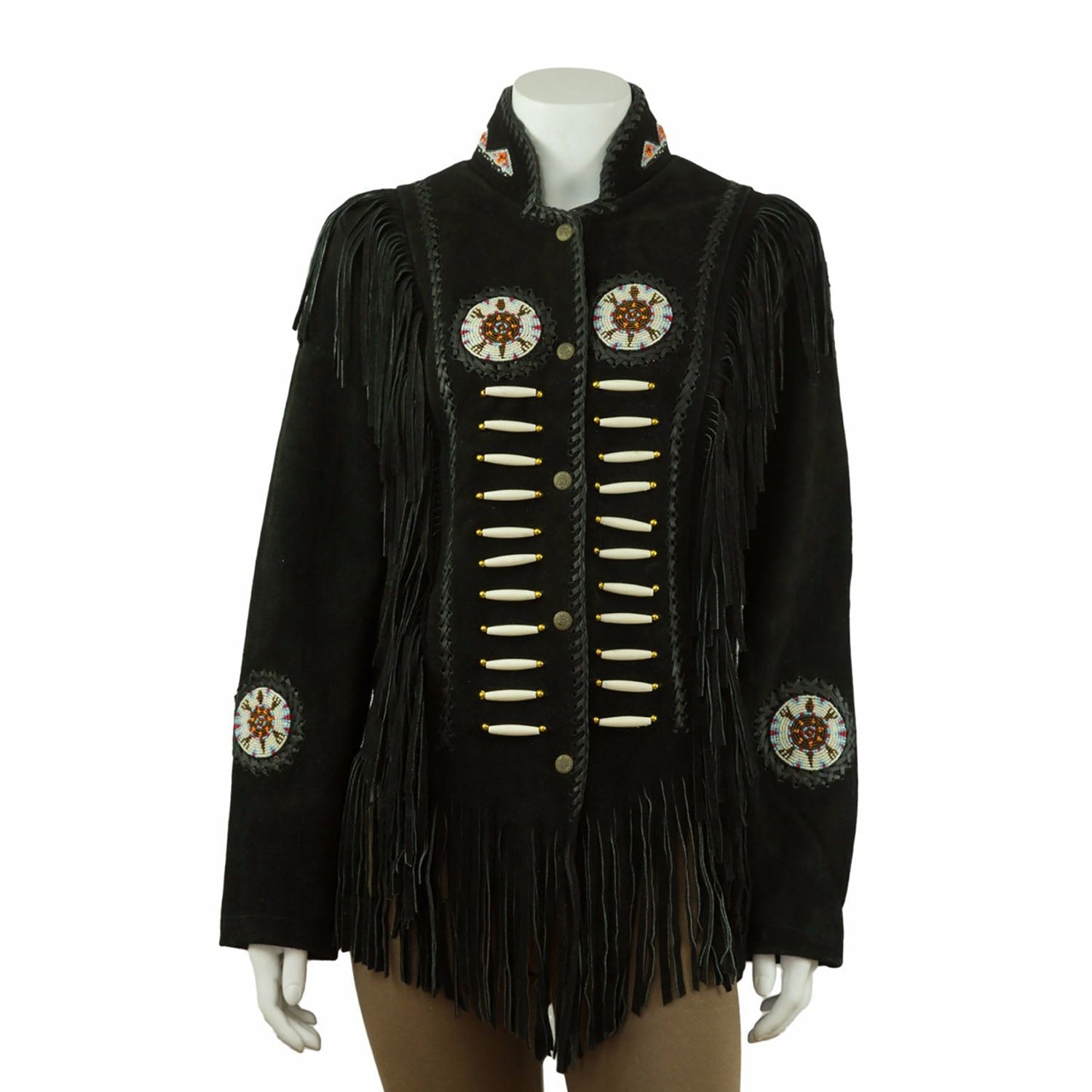 Black Suede Leather Fringe Beaded Jacket For Women front view