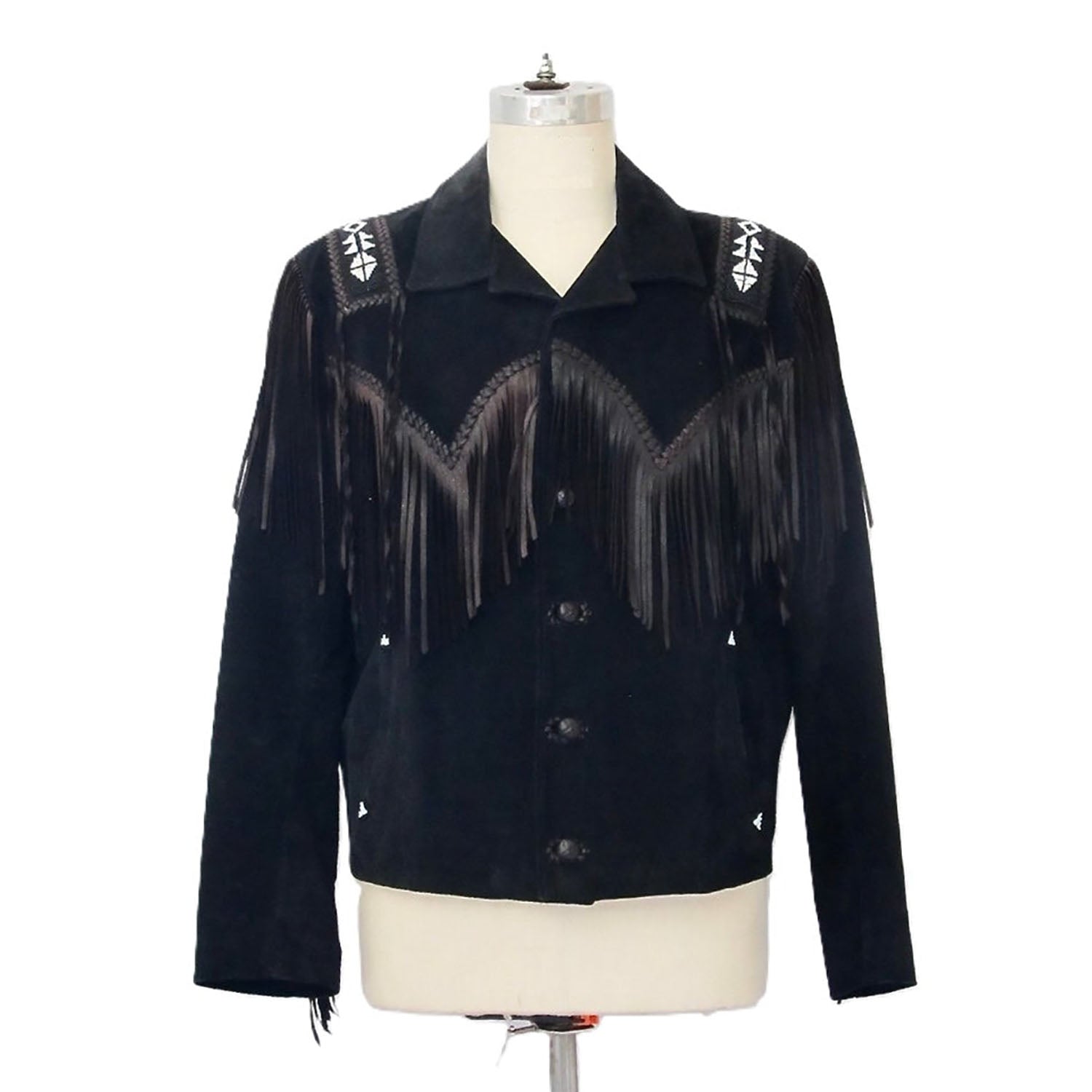 Black Suede Leather Fringe Beaded Jacket For Women front view