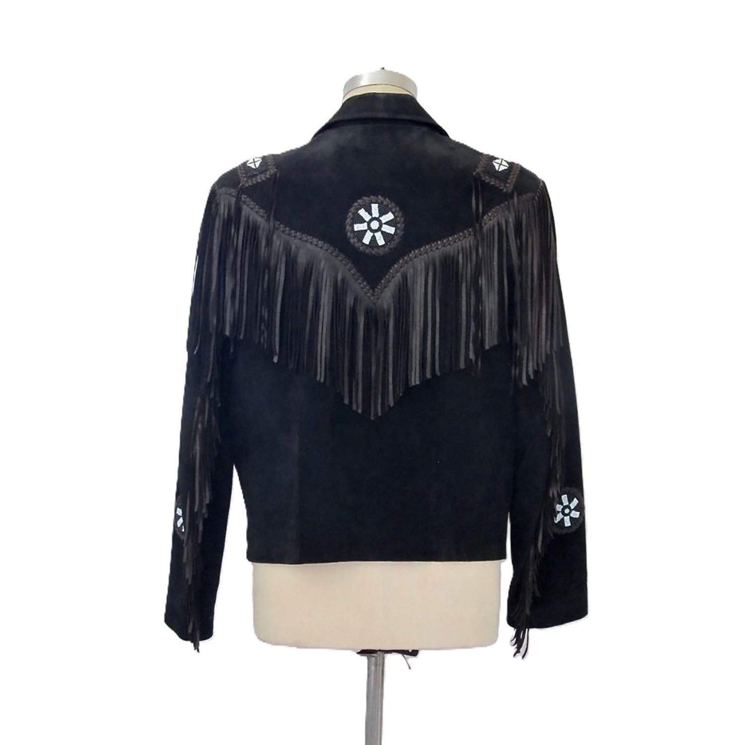 Black Suede Leather Fringe Beaded Jacket For Women side view