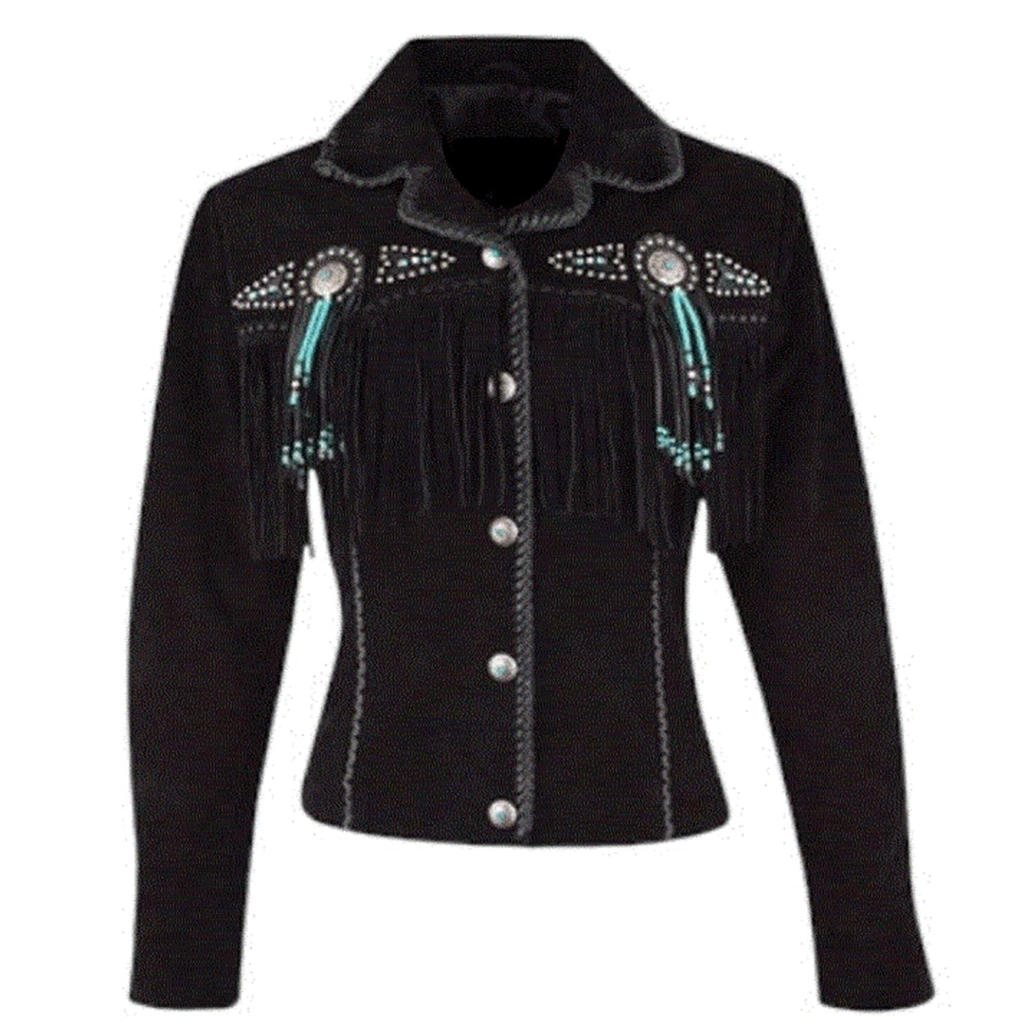 Black Suede Leather Fringe Beaded Jacket For Women front view