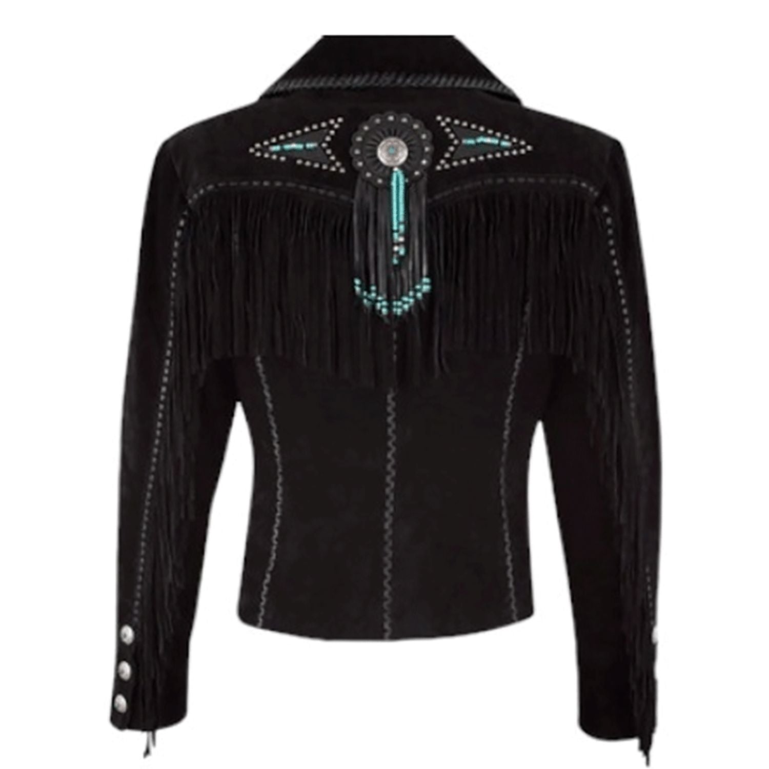 Black Suede Leather Fringe Beaded Jacket For Women side view
