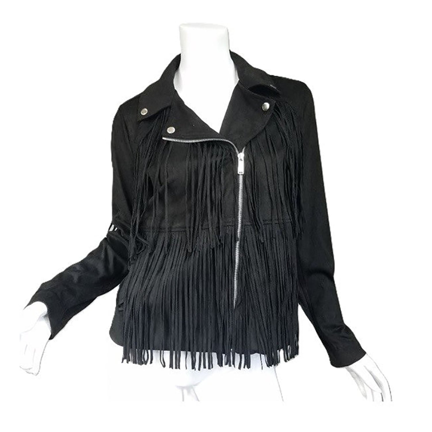 Black Suede Leather Fringe Biker Jacket For Women front view