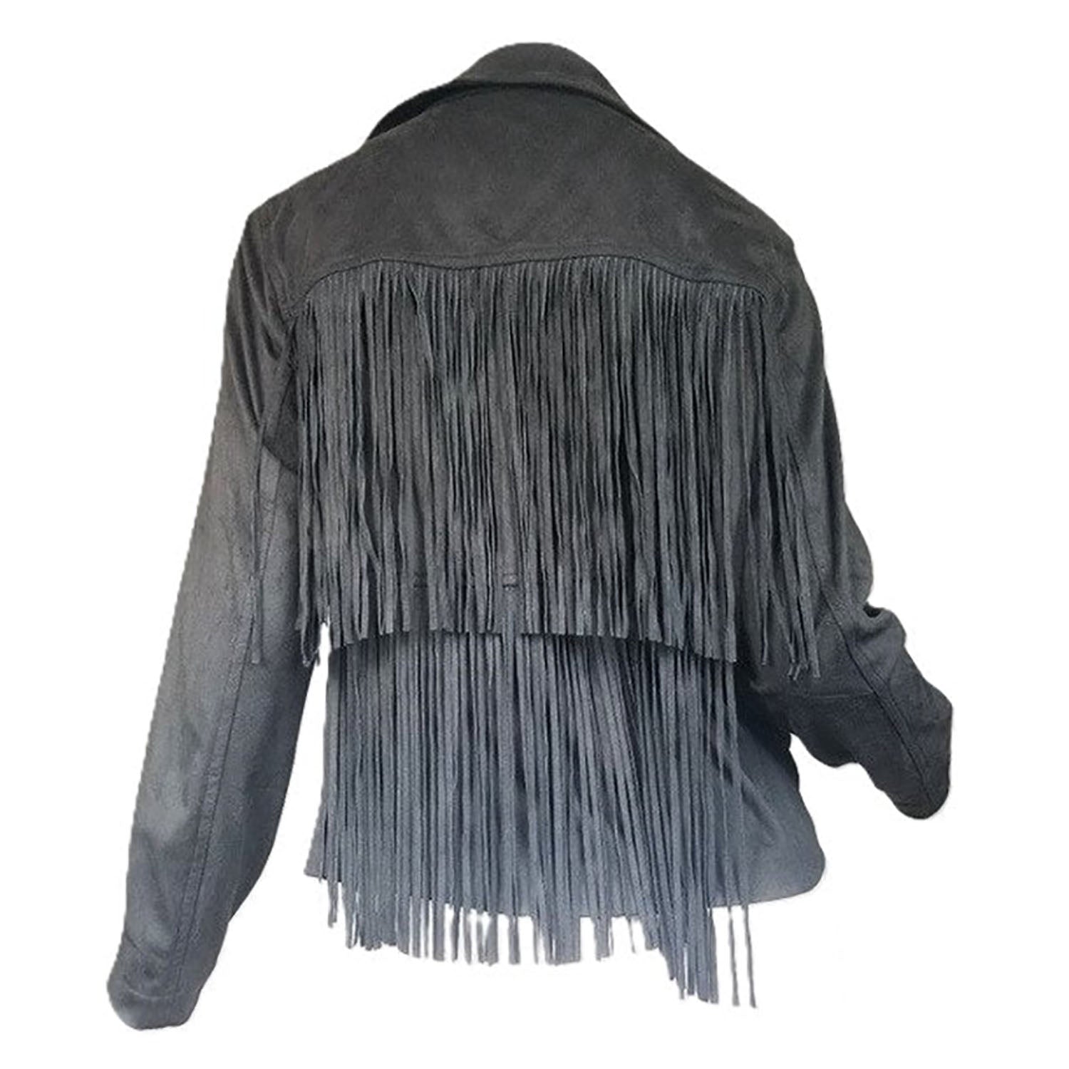Black Suede Leather Fringe Biker Jacket For Women side view