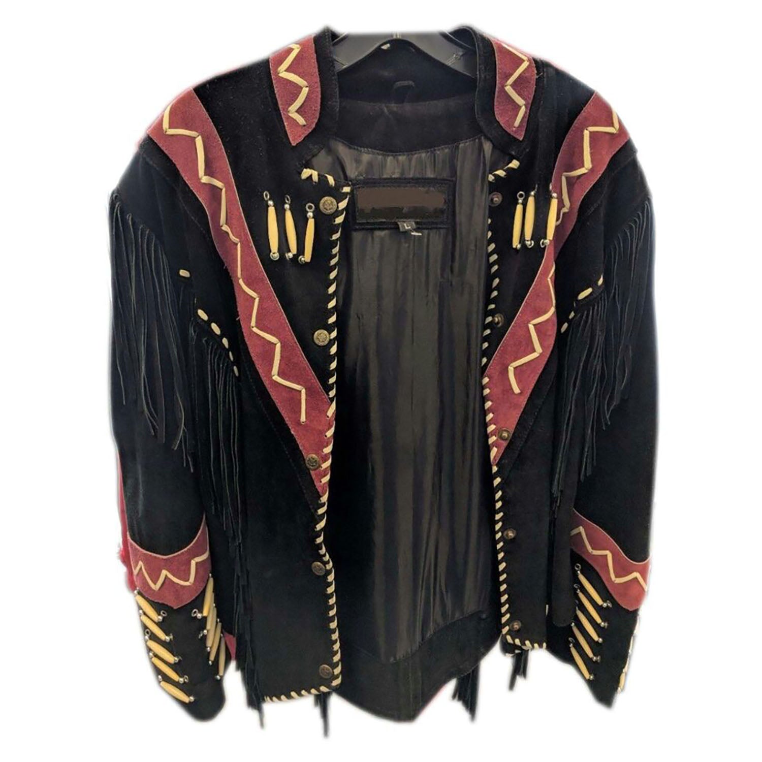 Black Suede Leather Fringe Bone Jacket For Women front view