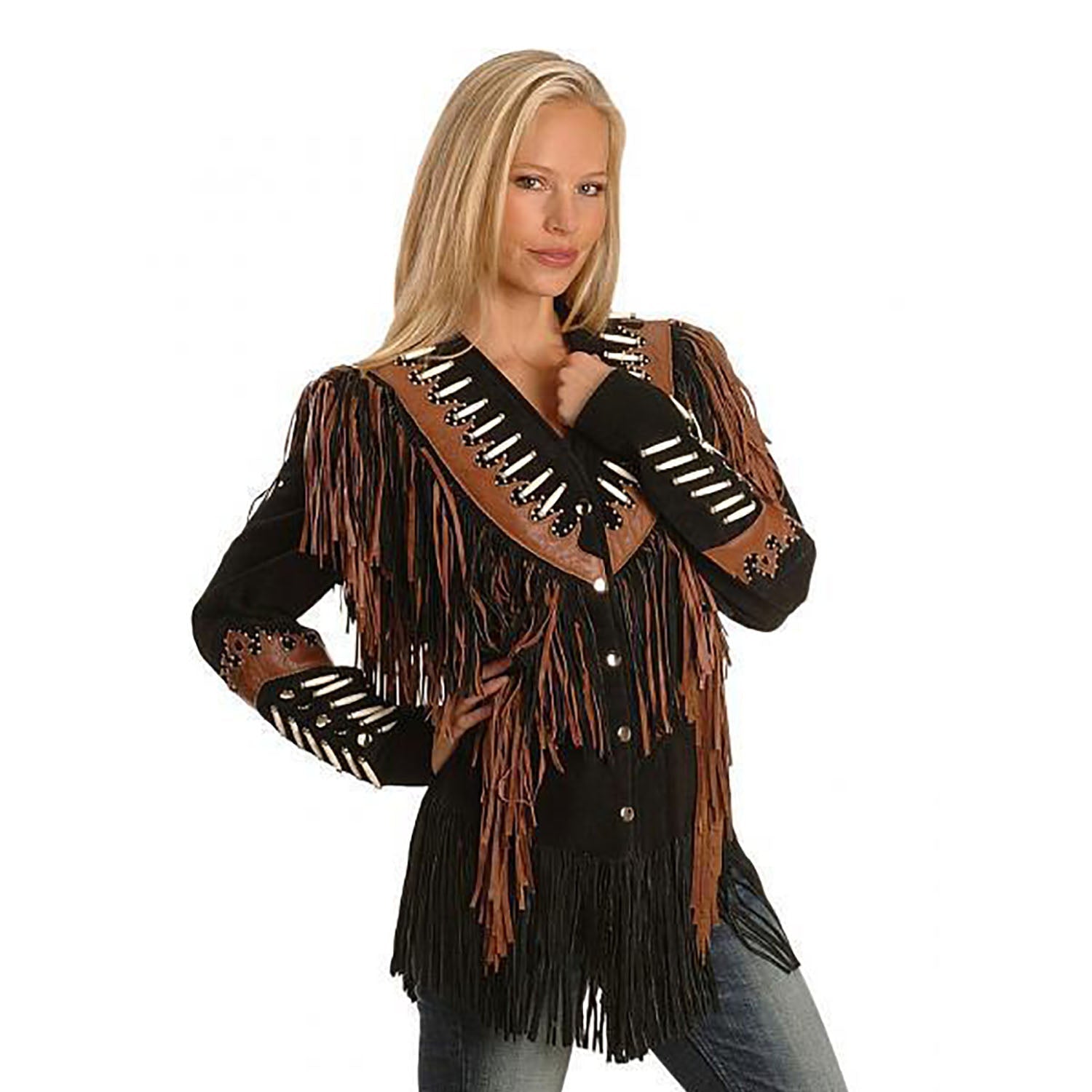 Black Suede Leather Fringe Bone Jacket For Women front view