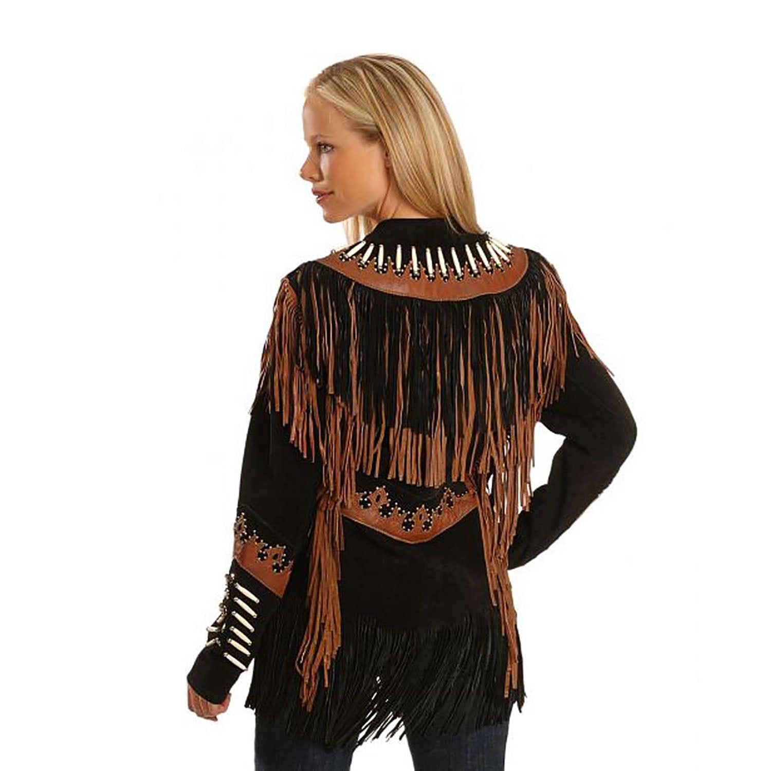Black Suede Leather Fringe Bone Jacket For Women side view