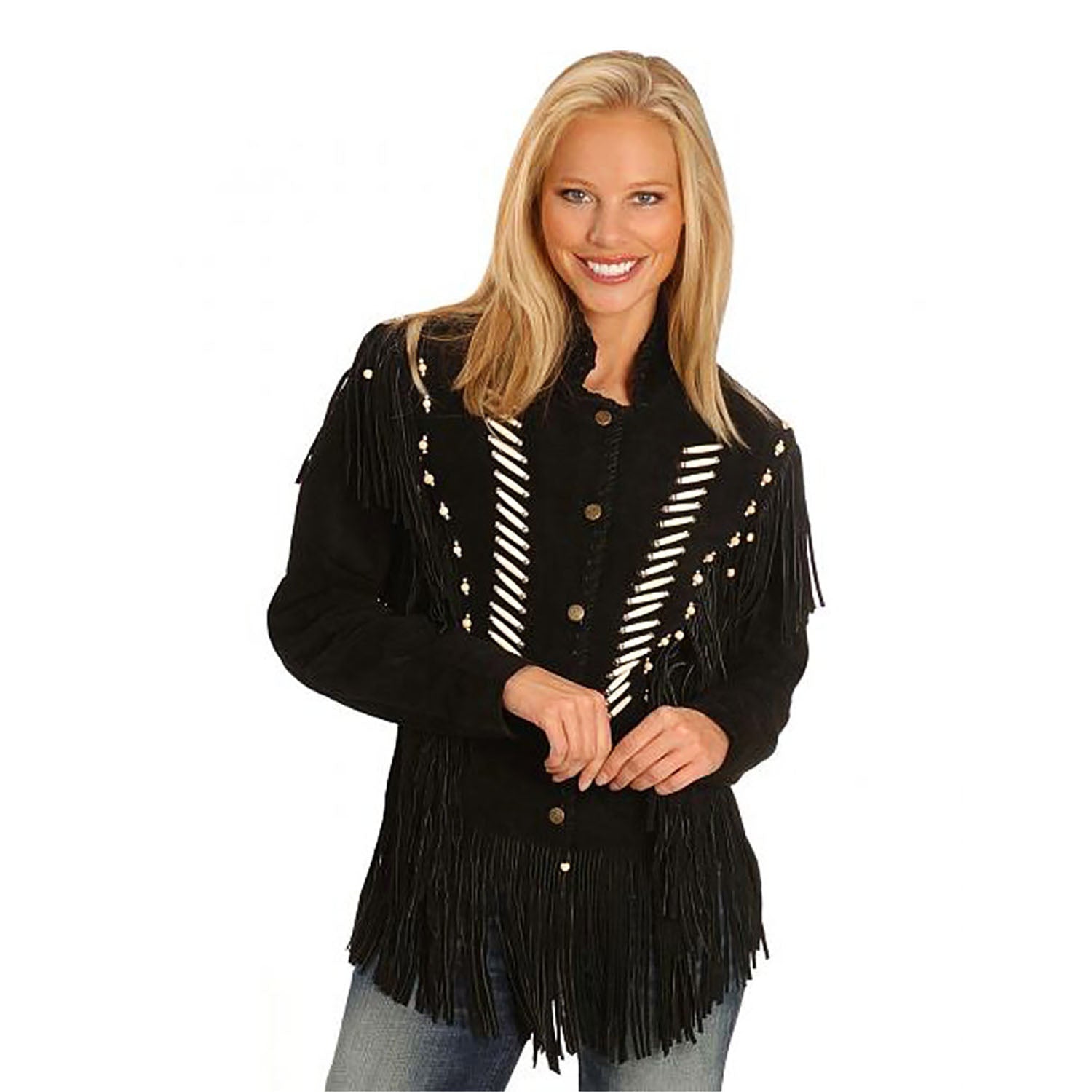 Black Suede Leather Fringe Bone Jacket For Women front view