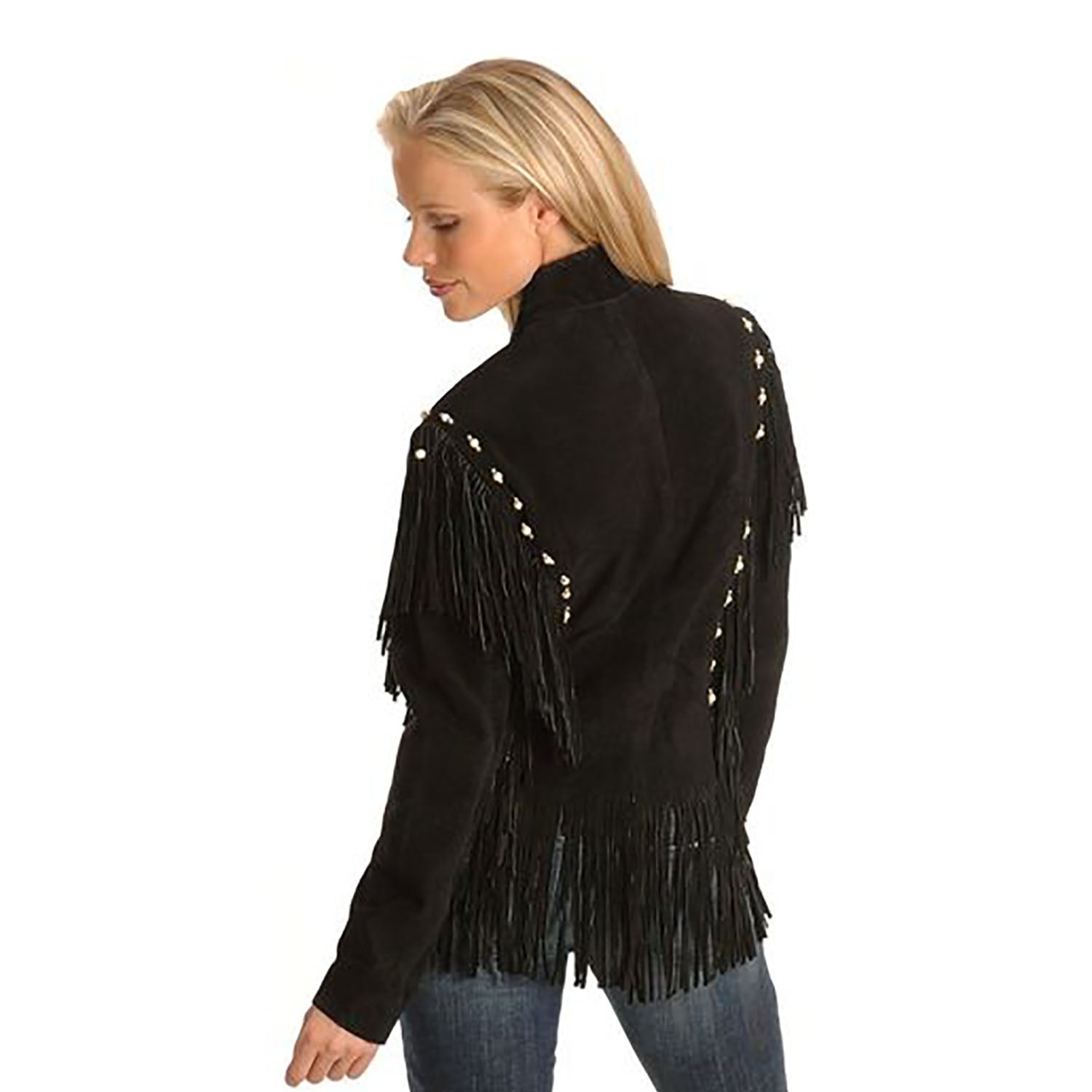 Black Suede Leather Fringe Bone Jacket For Women side view